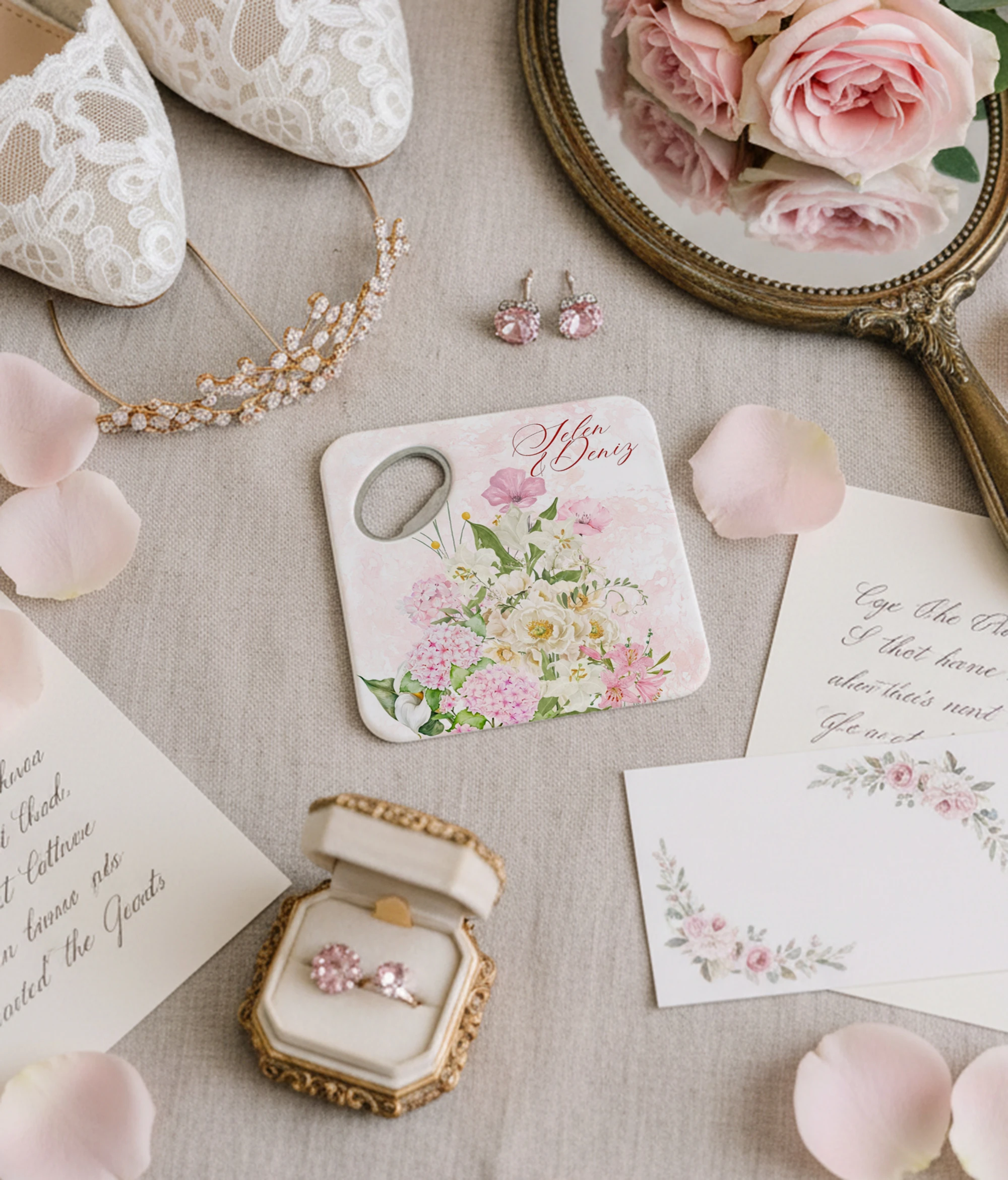 Pudra çiçek desenli kişiye özel magnet açacak bardak altlığı düğün nişan bebek 20 adet