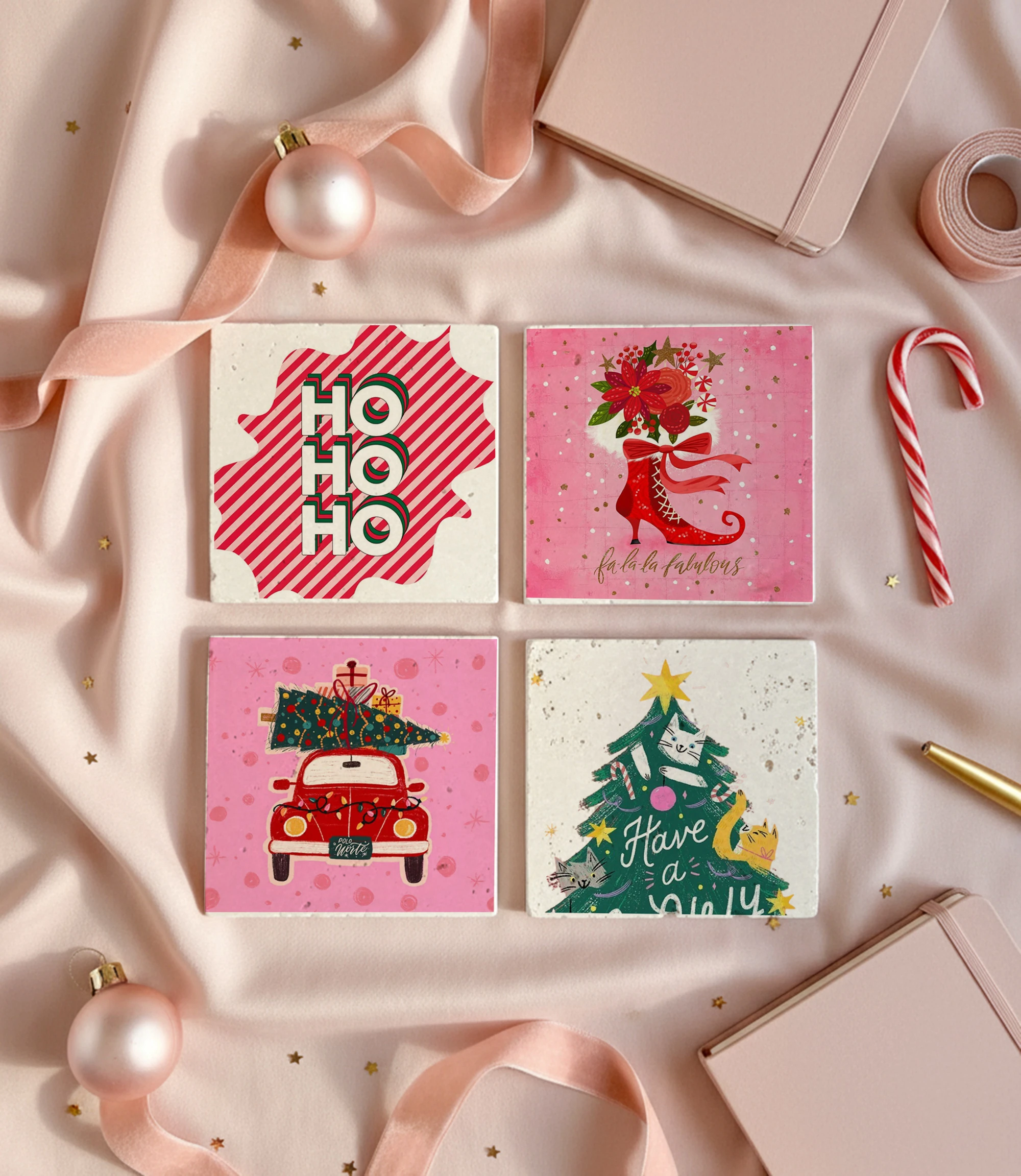 Noel Ağacı, Kırmızı Araba ve Topuklu Çizme Temalı Doğal Taş Bardak Altlığı, Yılbaşı Hediyesi, 4’lü