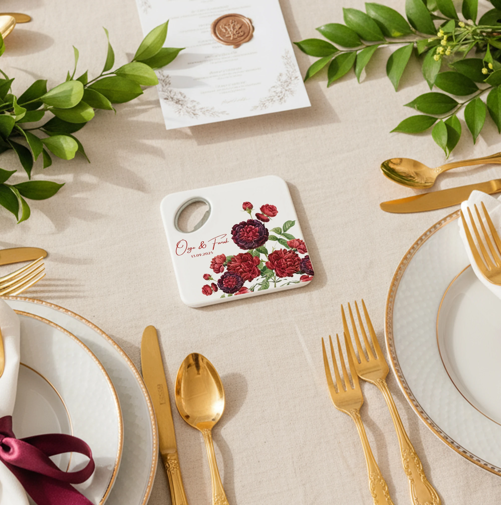 Bordo gül çiçek desenli kişiye özel magnet açacak bardak altlığı düğün nişan bebek 20 adet