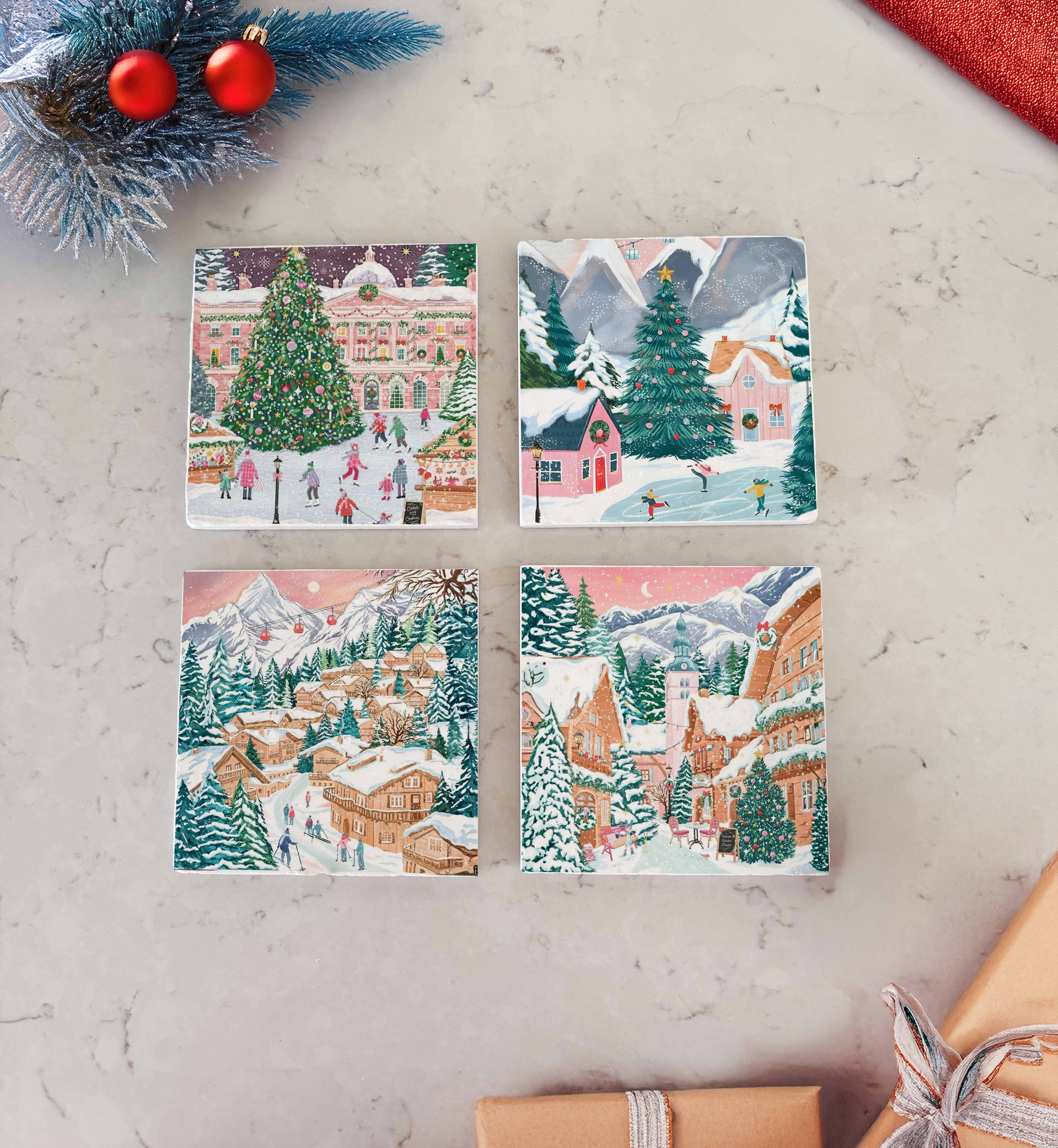 Kış Köyü ve Yılbaşı Kasabası Desenli Doğal Taş Bardak Altlığı, Ev Dekoru, Yılbaşı Hediyesi, 4’lü