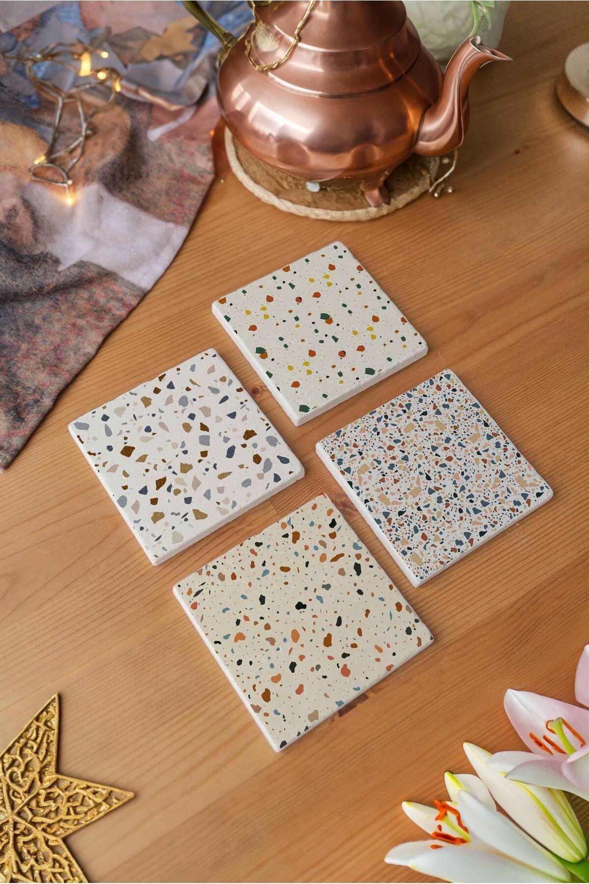 Arslat Atölye Tezzo Desenli 4’lü Set Bardak Altlığı Doğal Taş Traverten (10x10 cm)