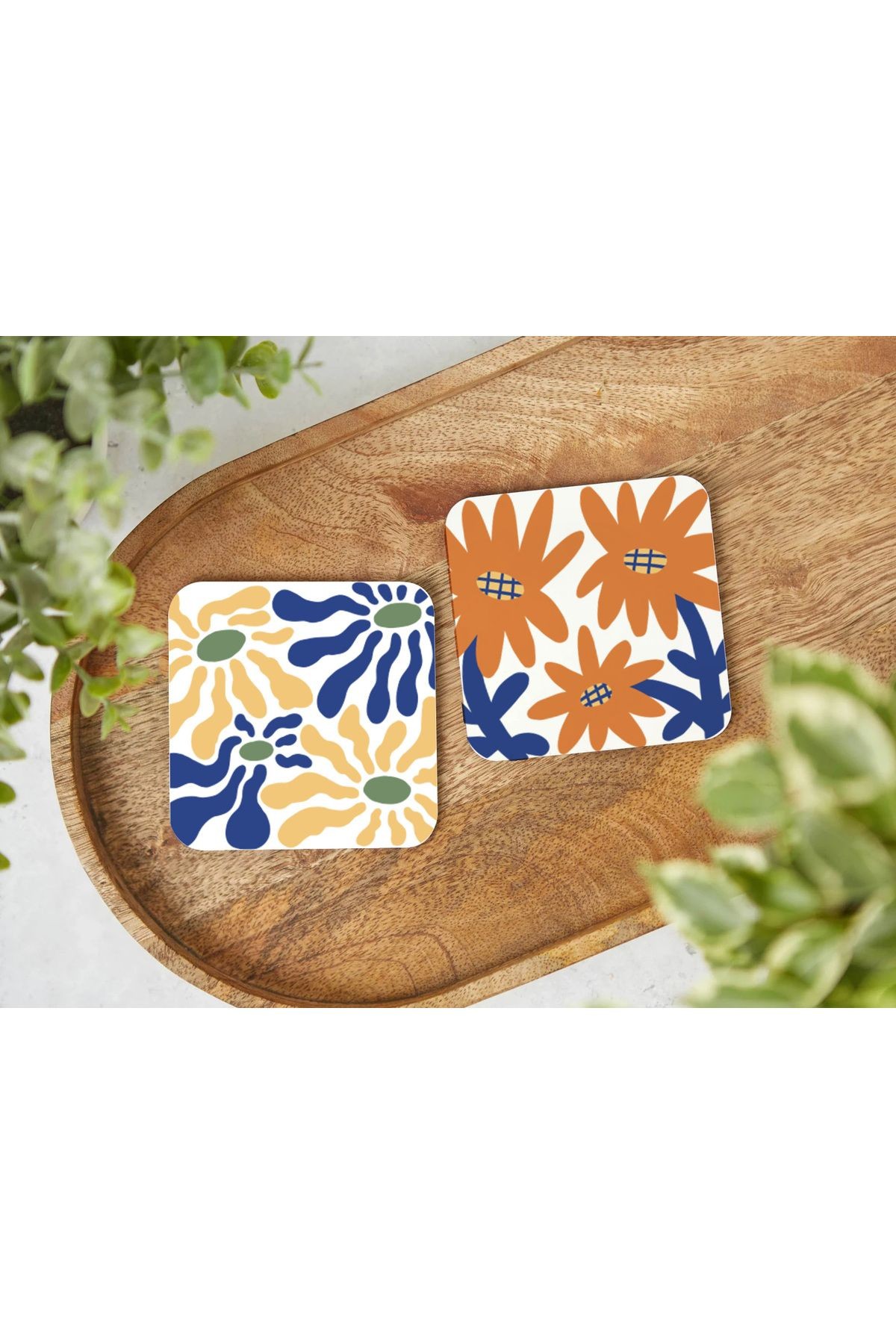 Atölye Çiçek Desenli Ahşap Bardak Altlığı 4’lü Set (10x10 cm)
