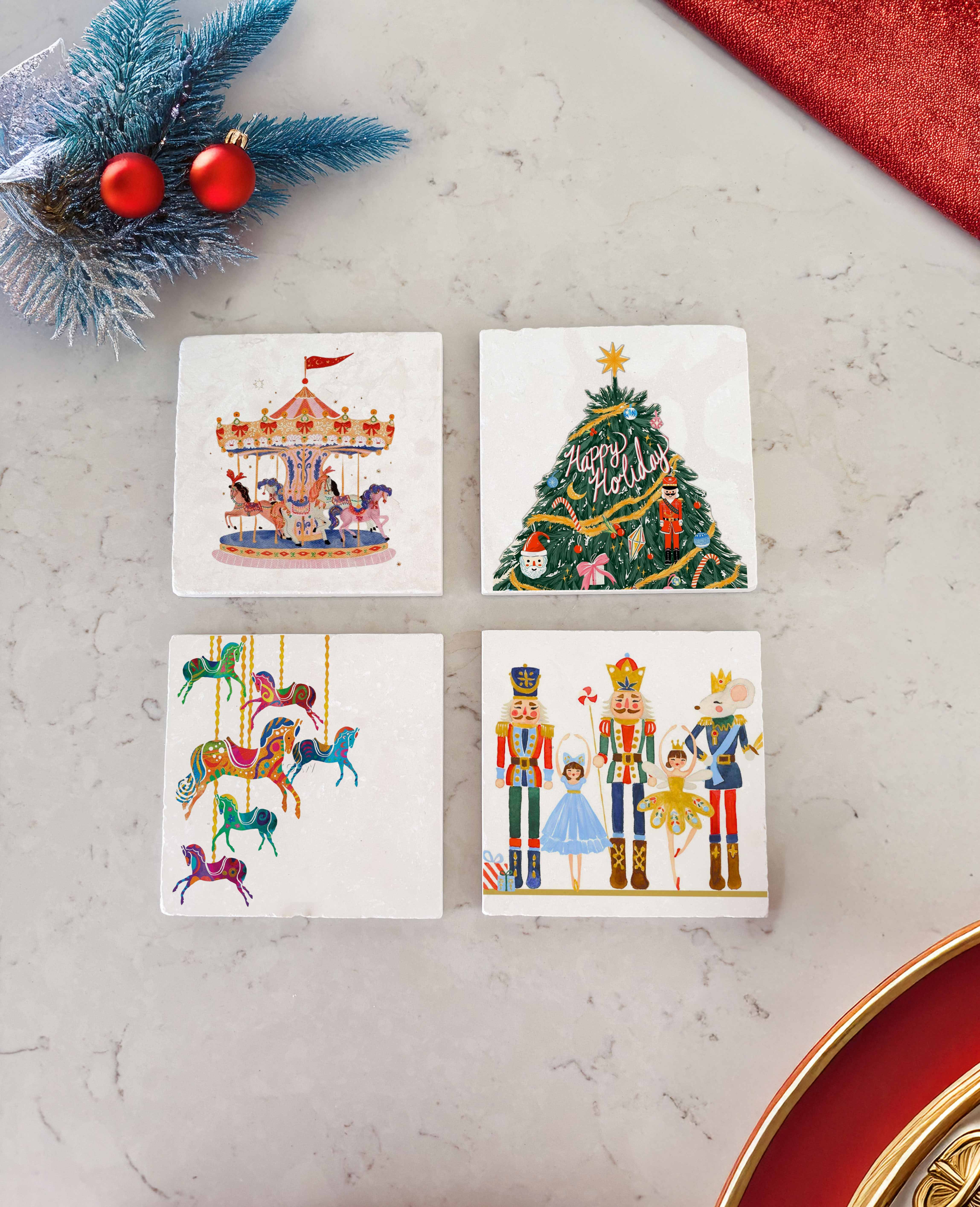 Atlı Karınca ve Balon Desenli Doğal Taş Bardak Altlığı, Yılbaşı Hediyesi, 4’lü