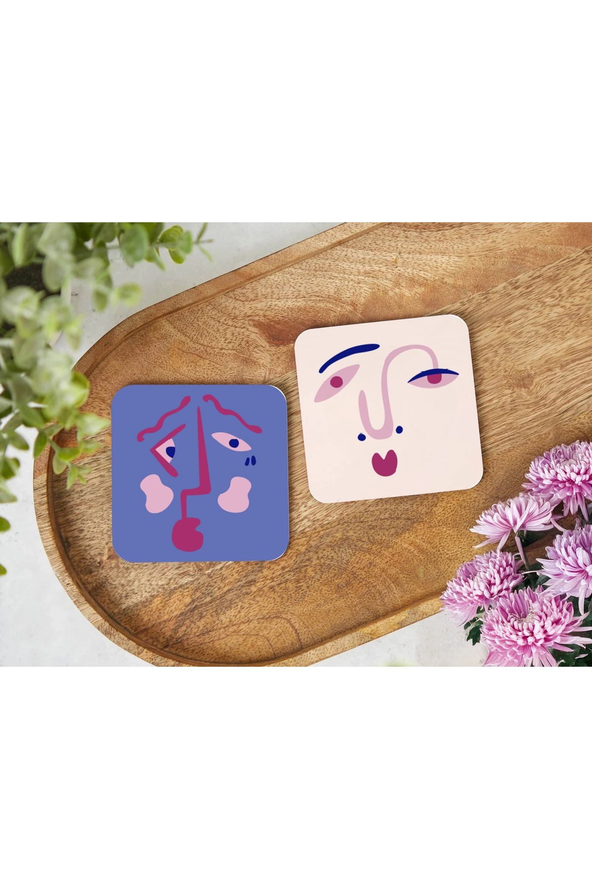 Atölye Minimalist Soyut Yüz Tasarımlı Ahşap Bardak Altlığı 4’lü Set (10x10cm)