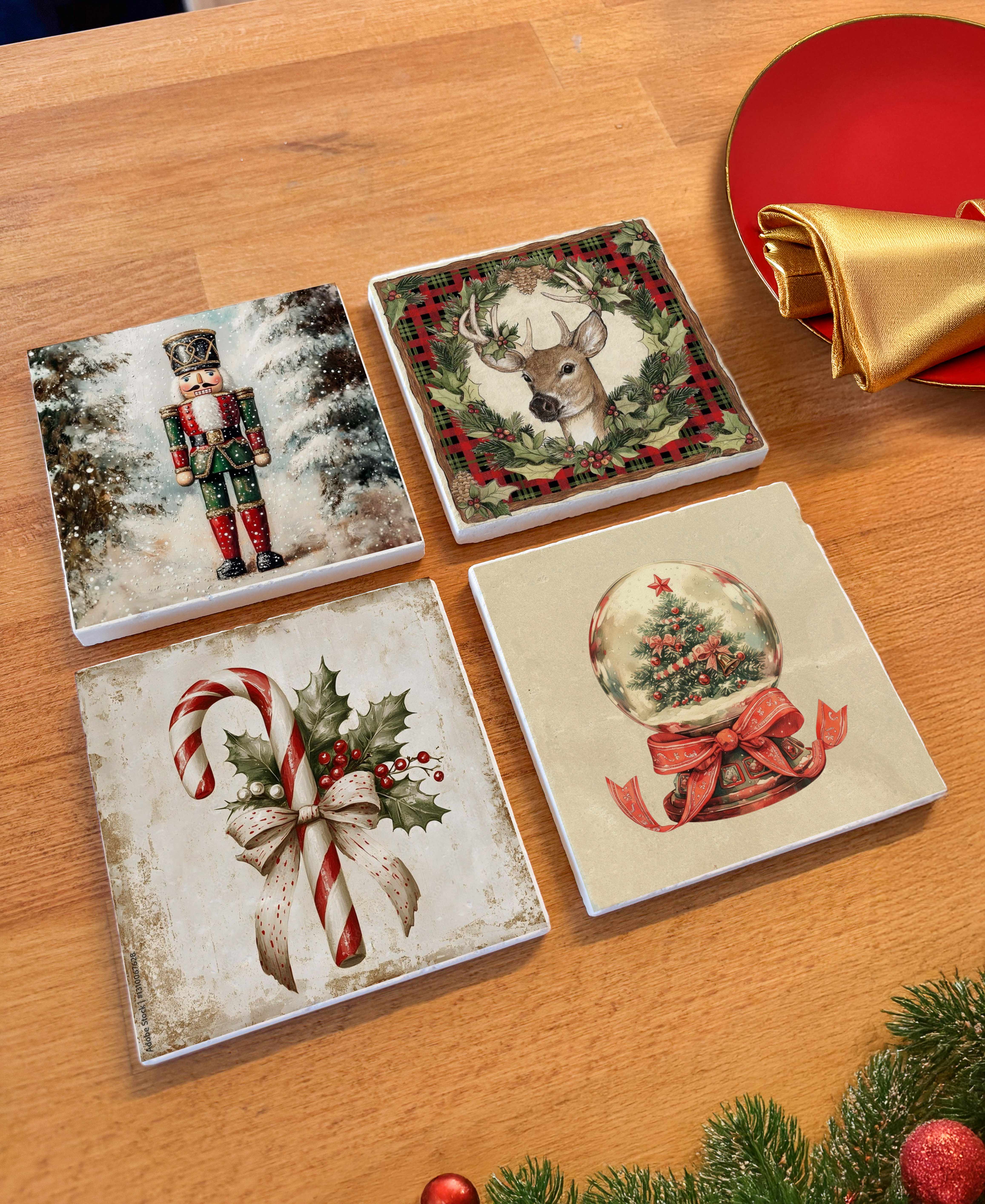 Geyik ve Kar Küresi Desenli Doğal Taş Bardak Altlığı, Ev Dekoru, Yılbaşı Hediyesi, 4’lü