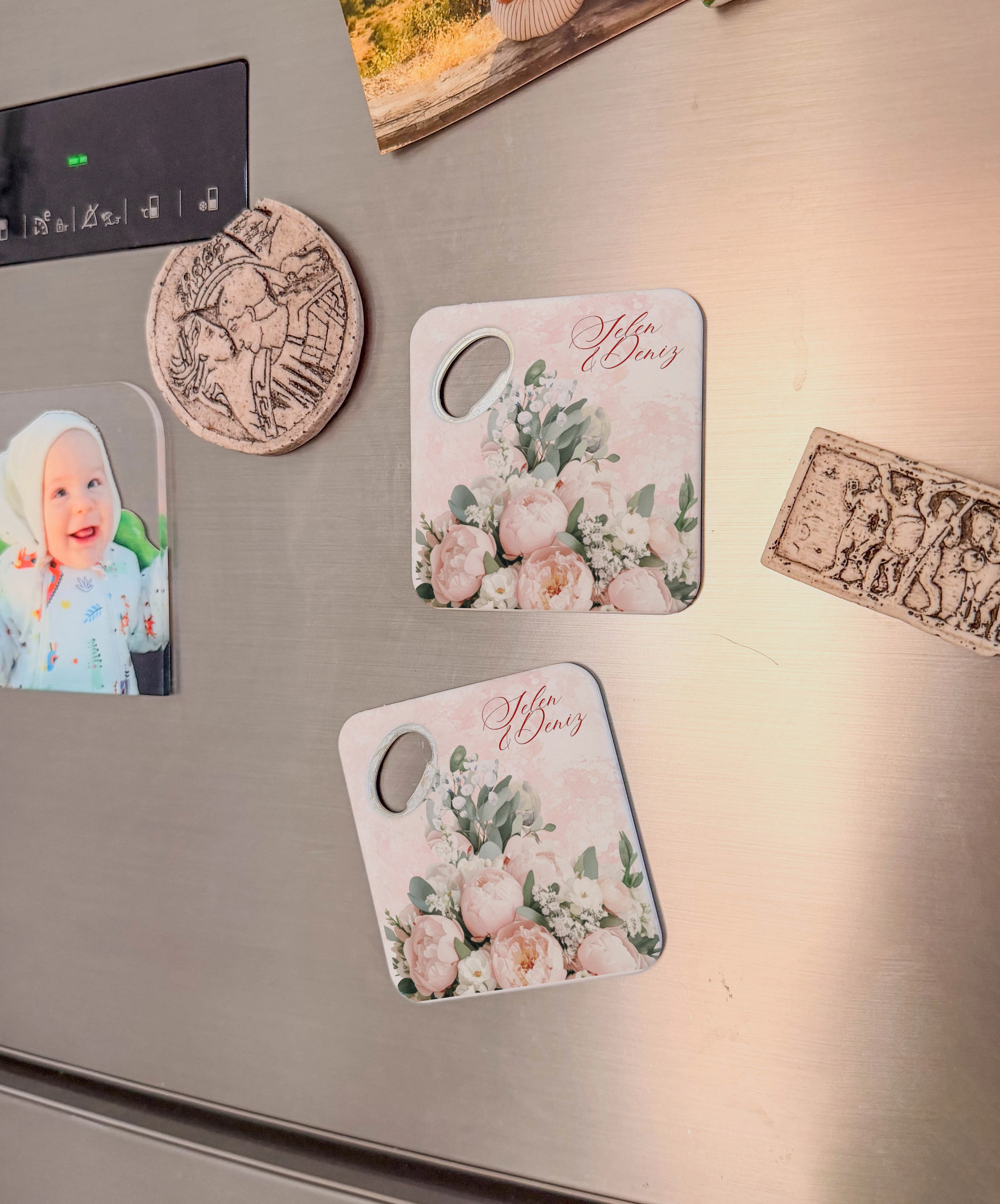 Pembe şakayık çiçekli kişiye özel magnet açacak bardak altlığı düğün nişan bebek 20 adet