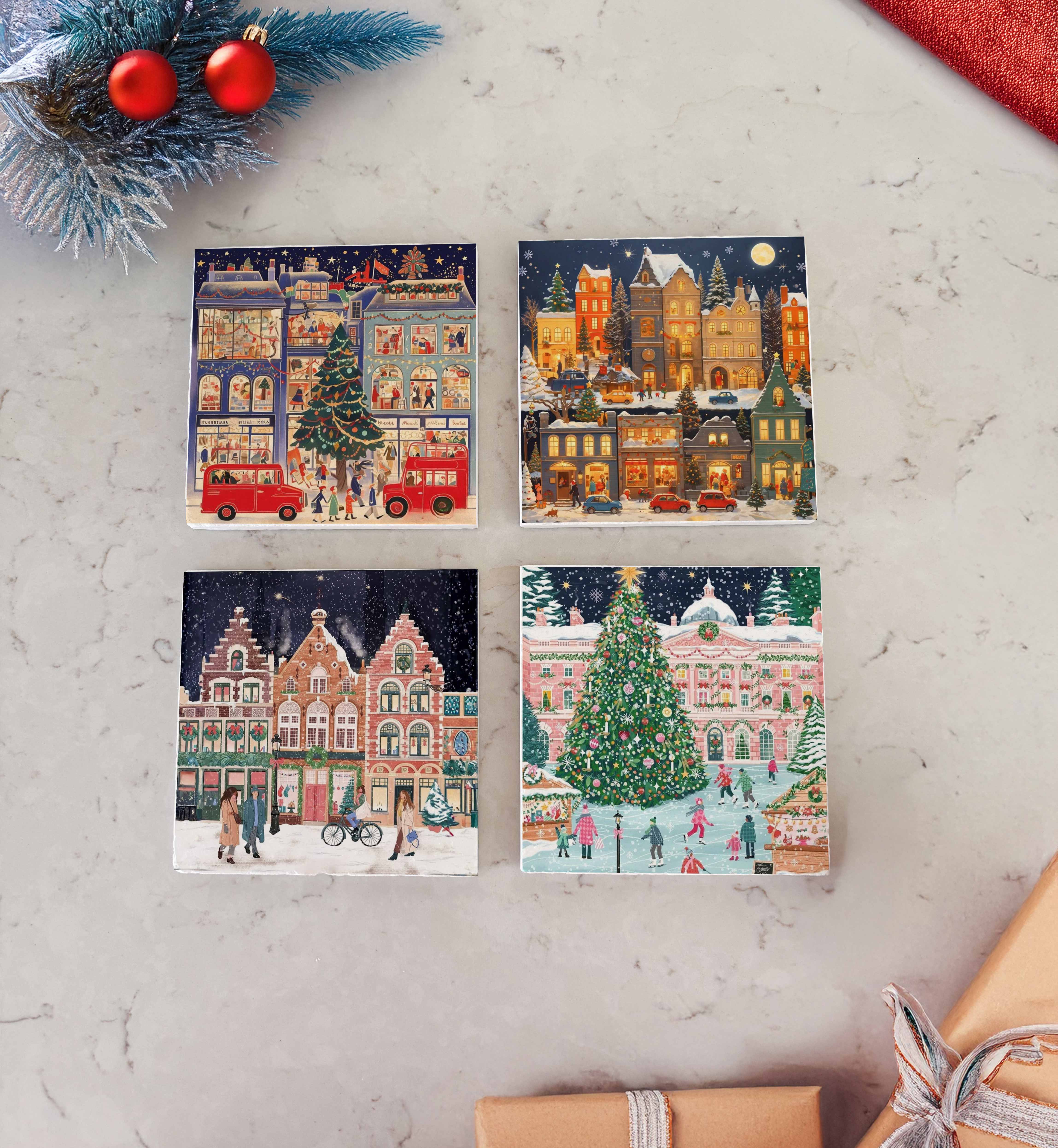 Noel Şehri ve Işıklı Sokaklar Desenli Doğal Taş Bardak Altlığı, Ev Dekoru, Yılbaşı Hediyesi, 4’lü