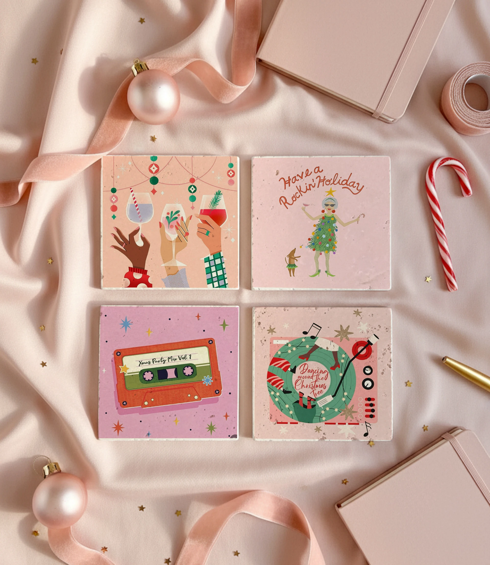 Retro Noel Temalı Doğal Taş Bardak Altlığı, Eğlenceli Yılbaşı Tasarımı, Yılbaşı Hediyesi, 4’lü