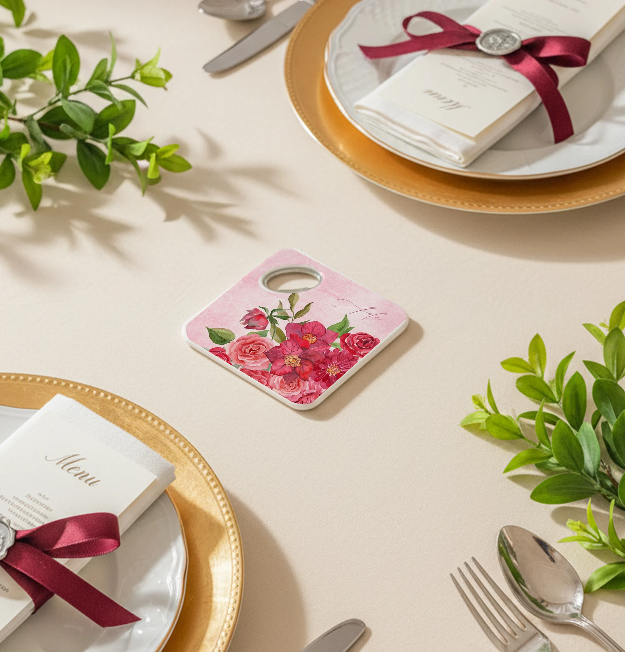 Pembe çiçek desenli kişiye özel magnet açacak bardak altlığı düğün nişan bebek hediyelik 20 adet