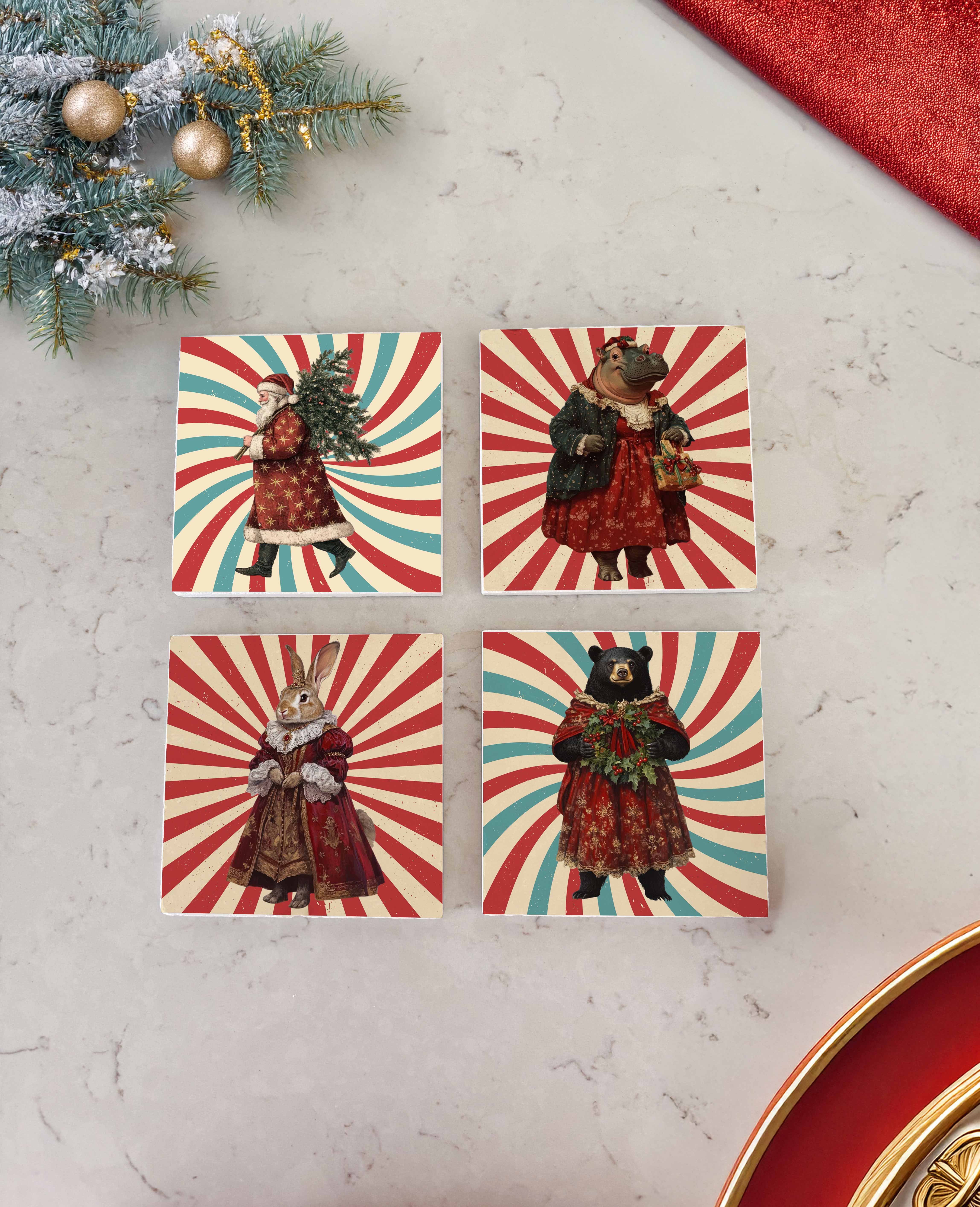 Vintage Noel Figürlü Desenli Doğal Taş Bardak Altlığı, Yılbaşı Hediyesi, 4’lü