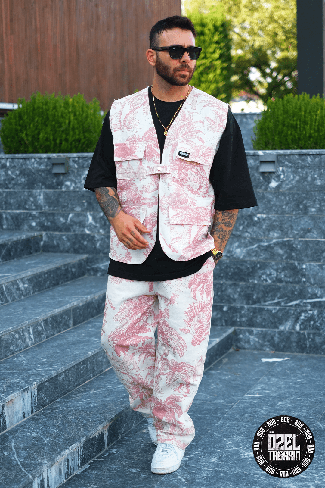 808 Palmiye Desen Oversize Takım ( Yelek + Şort )
