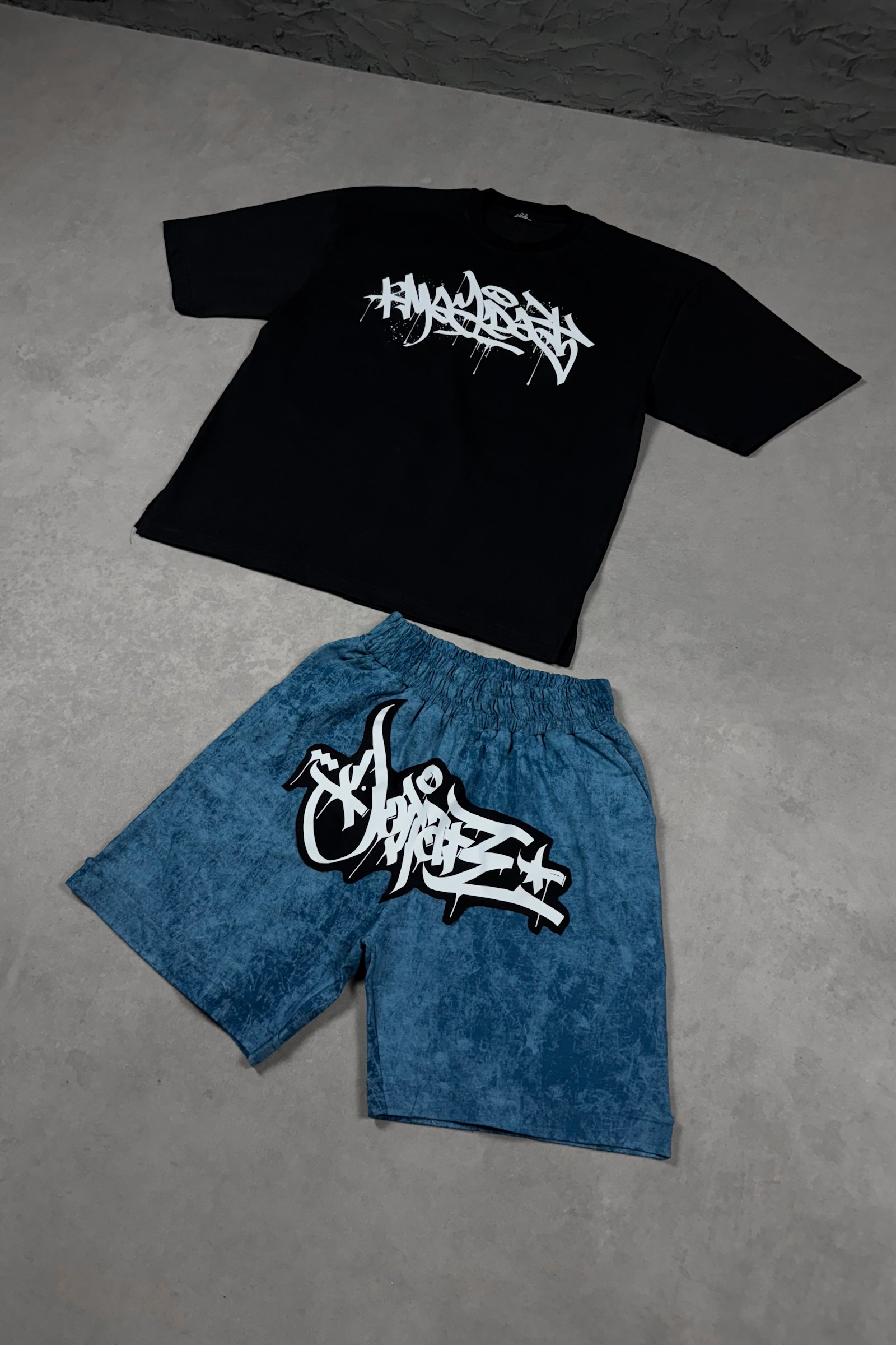 808 Tag Baskılı Oversize Takım (Tişört - Şort) - Mavi