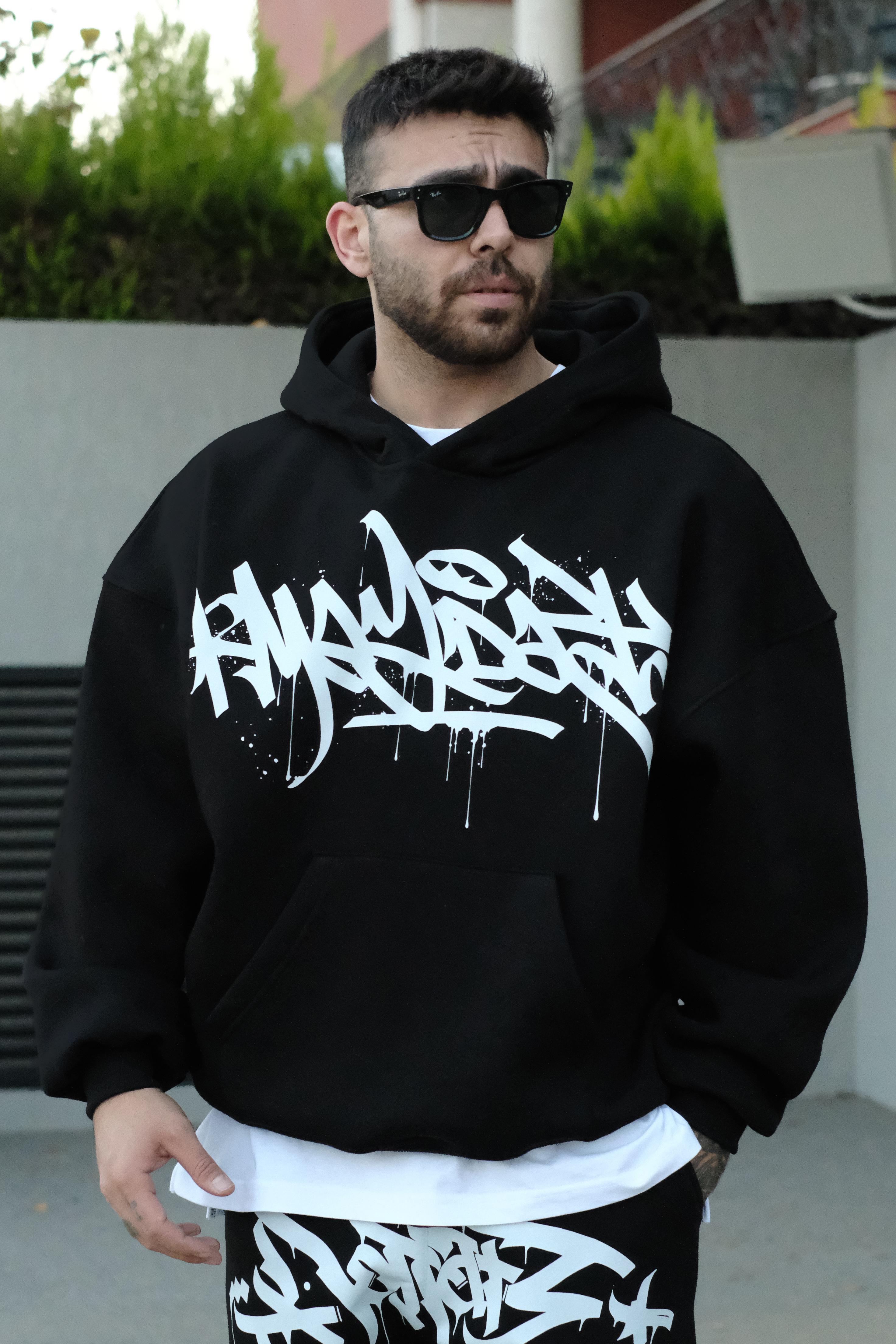 808 Tag Baskılı Özel Tasarım Oversize Hoodie - Siyah