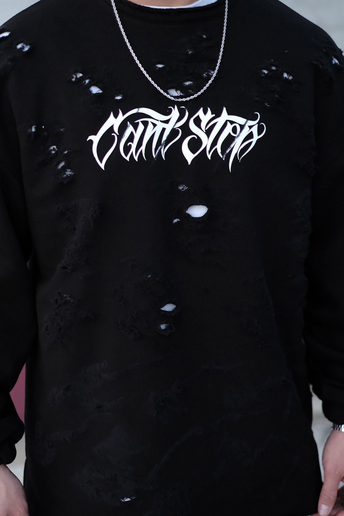 808 Yırtık Detay Can't Stop Göğüs Baskılı Oversize Sweatshirt 