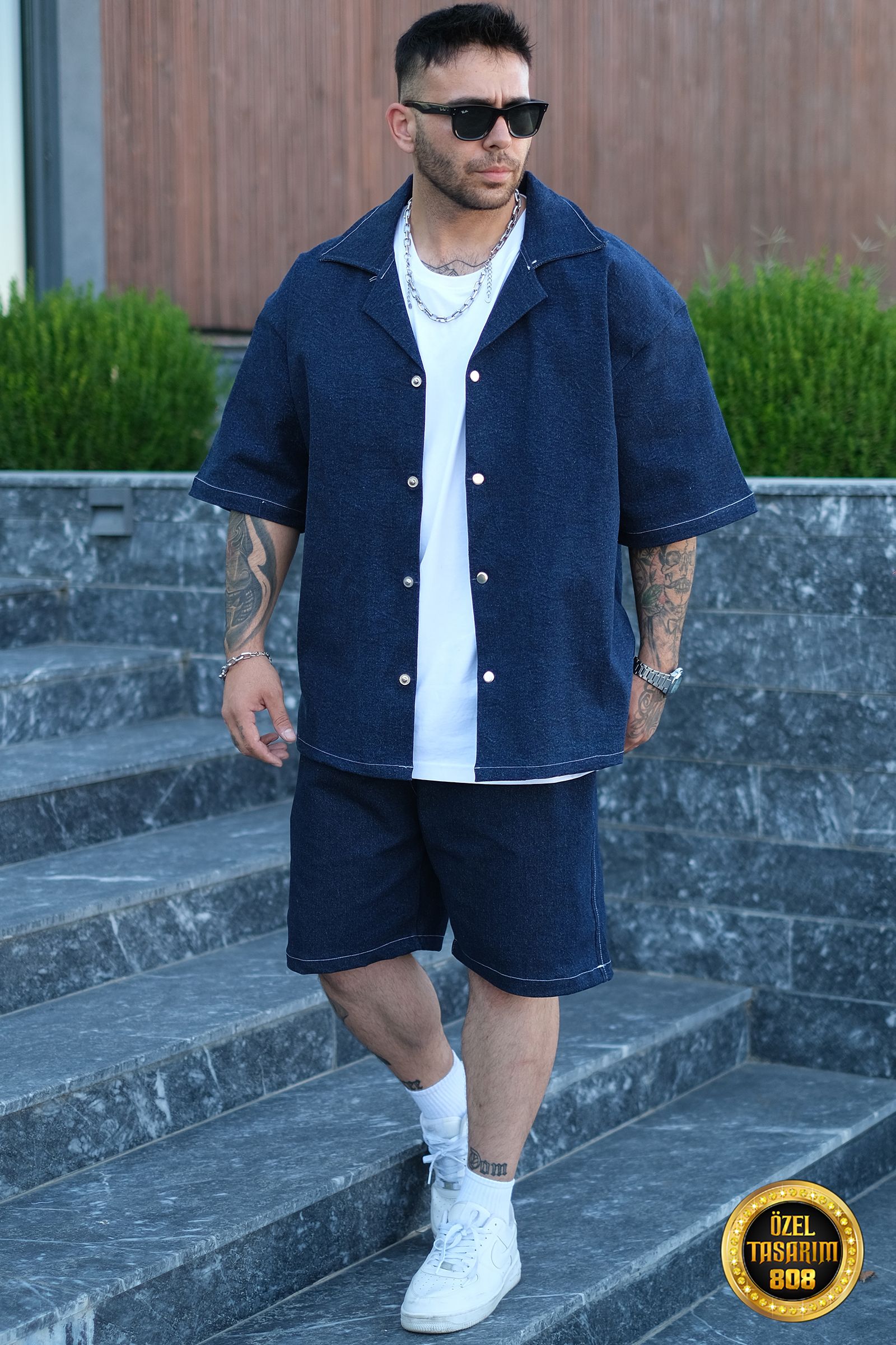 808 Oversize Basic Tok Kot Takım (Gömlek + Şort)