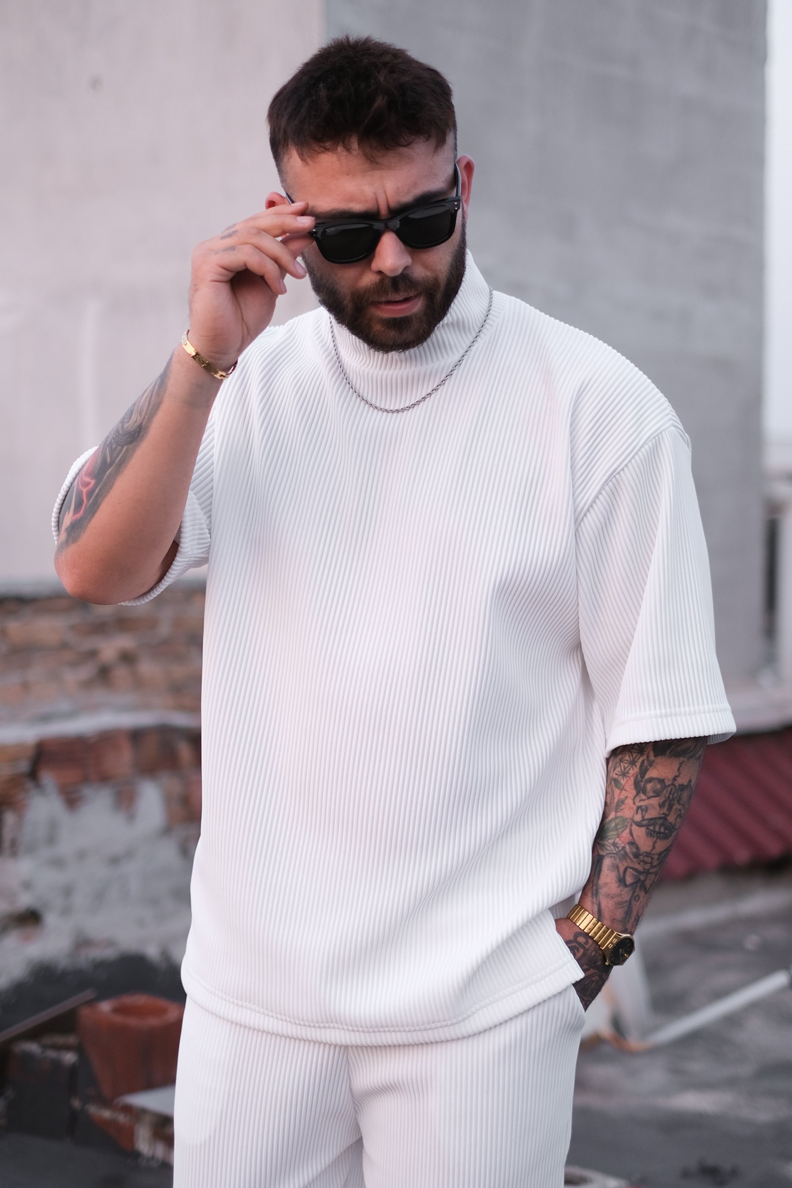 808 Fitil Dokulu Oversize Balıkçı Yaka Tişört - Beyaz