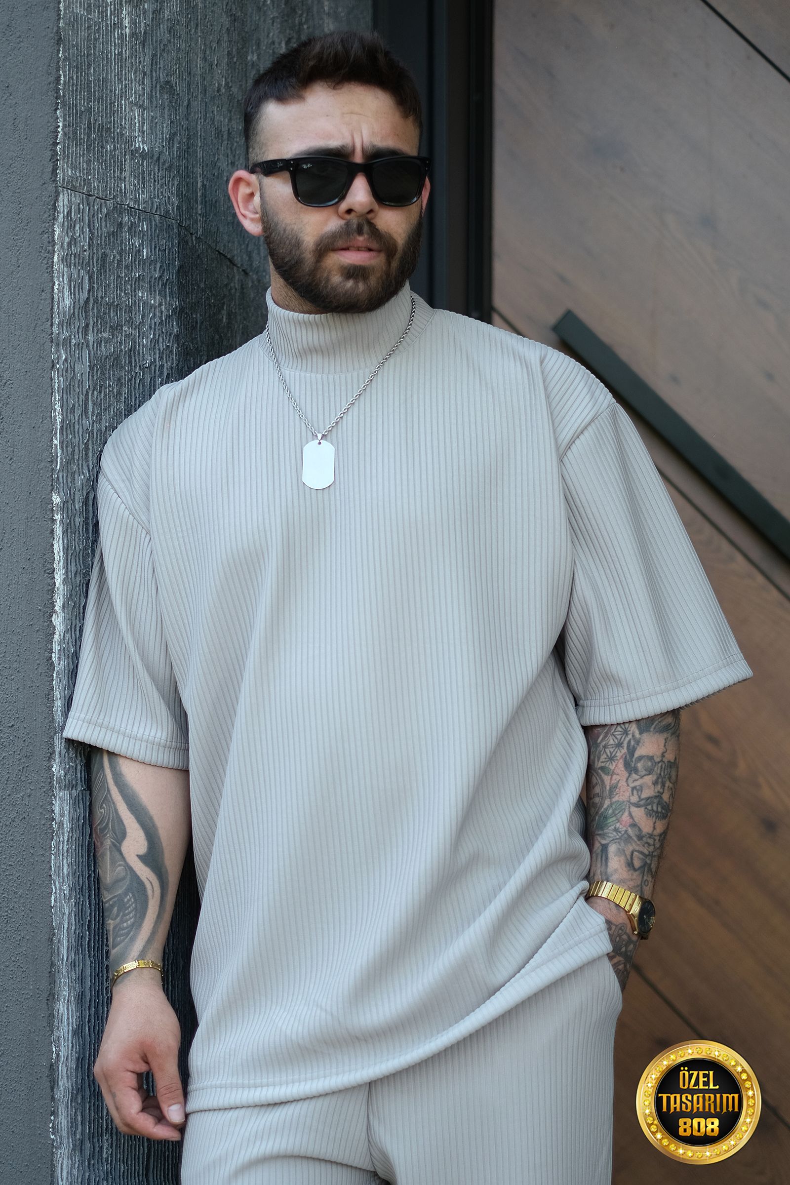 808 Fitil Dokulu Oversize Balıkçı Yaka Tişört - Gri