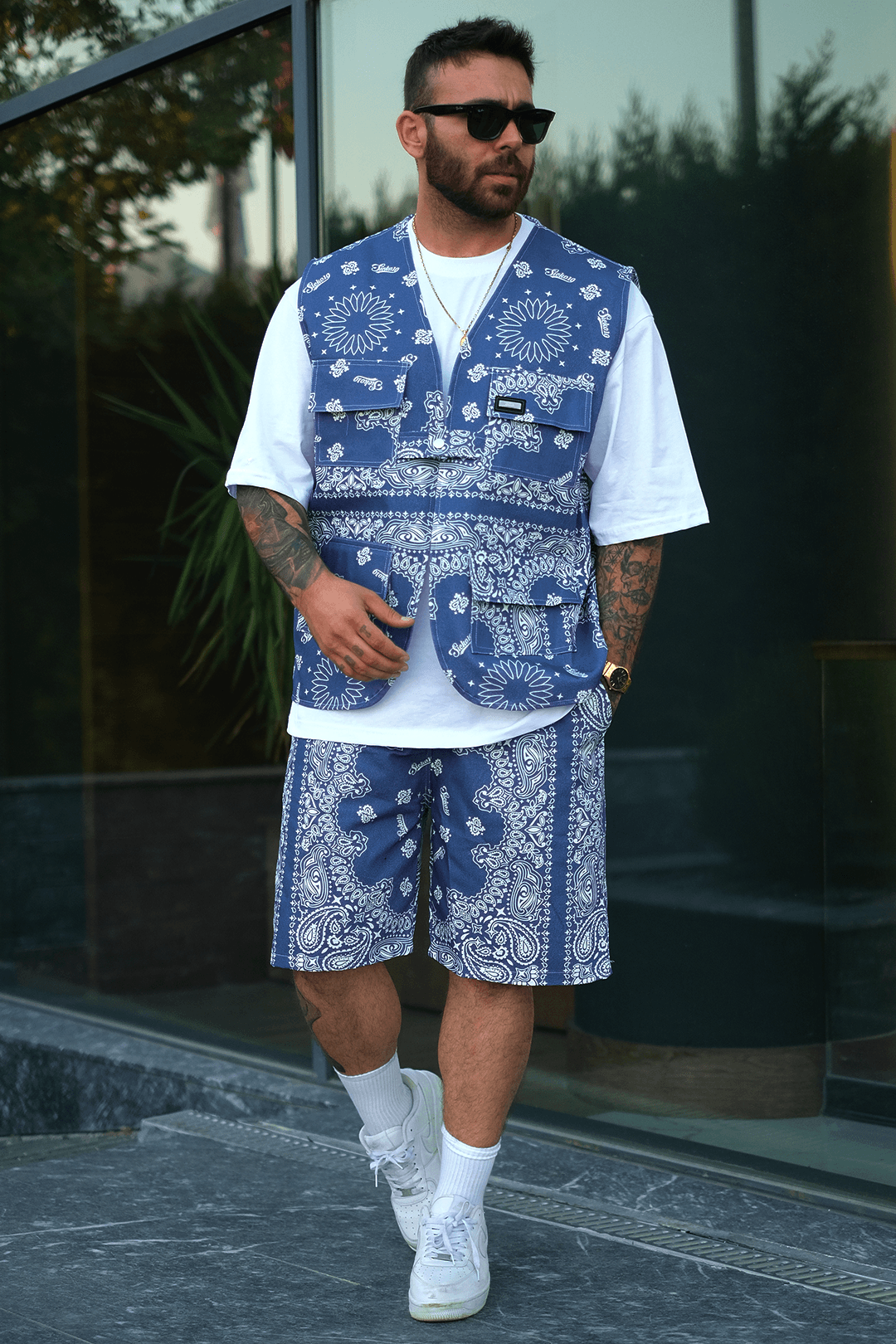 808 Navy Bandana Desen Oversize Takım ( Yelek + Şort )