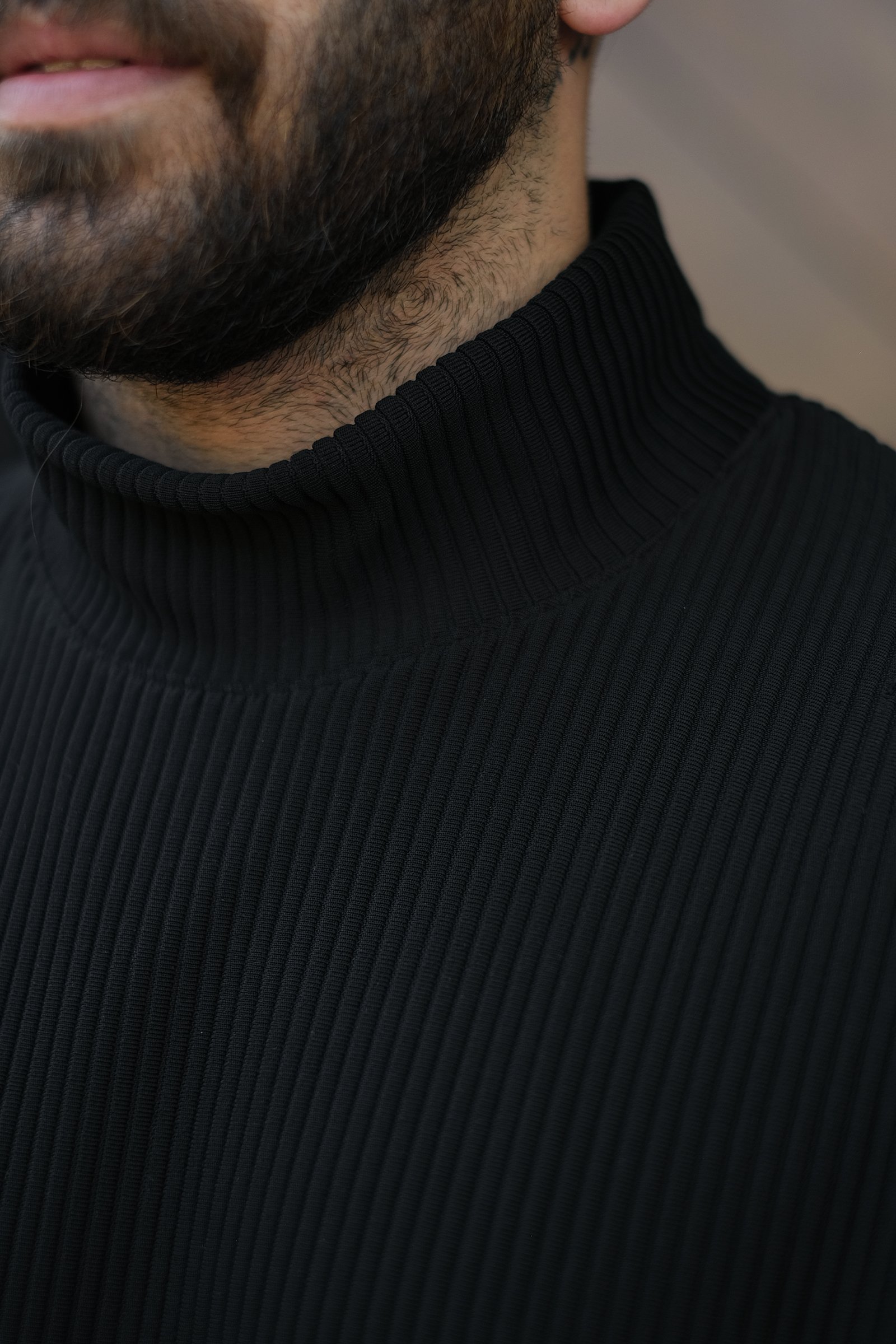 808 Fitil Dokulu Oversize Balıkçı Yaka Tişört - Siyah