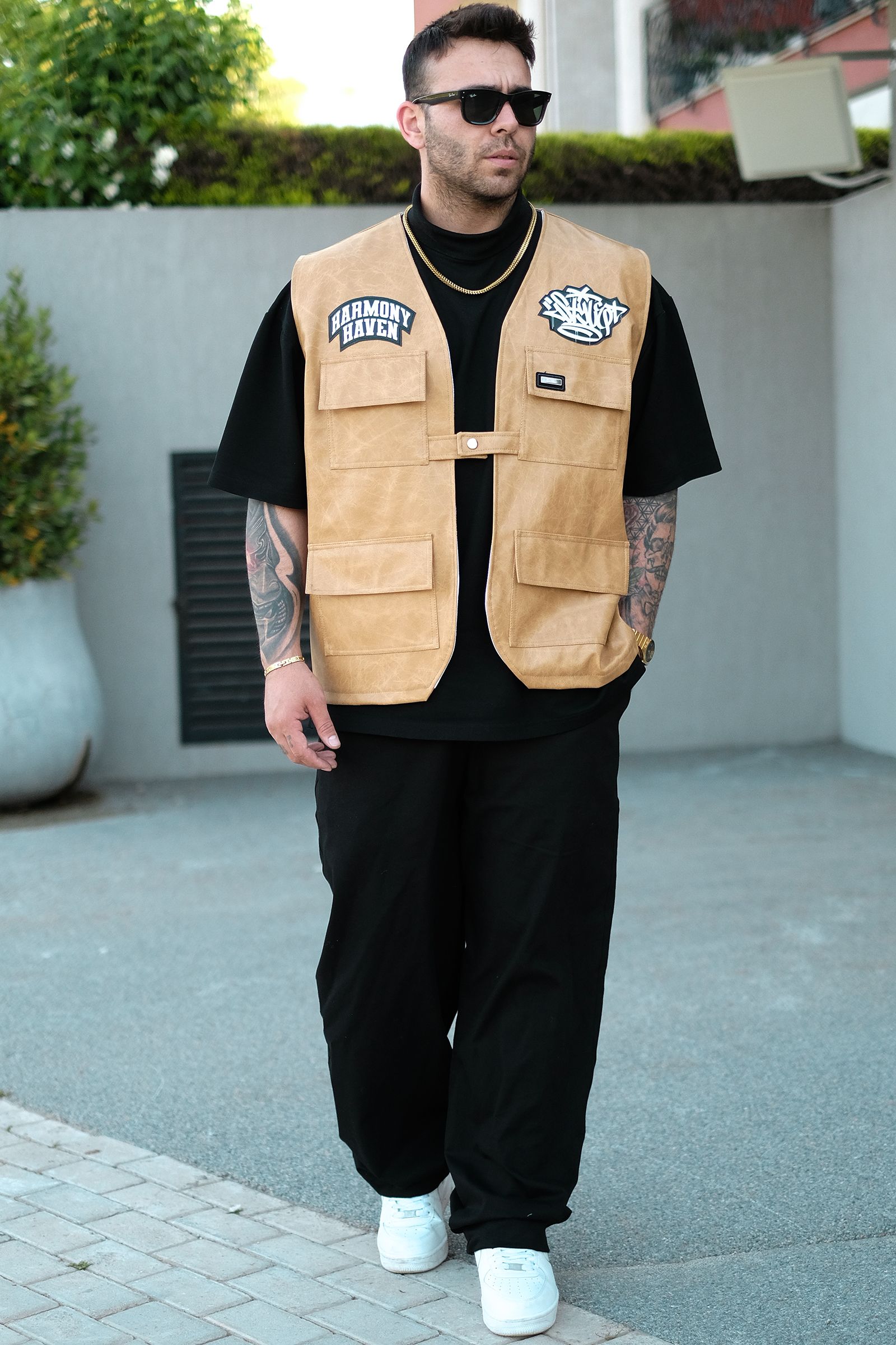 808 Oversize Tek Düğme '' Harmony '' Deri Patch Yelek