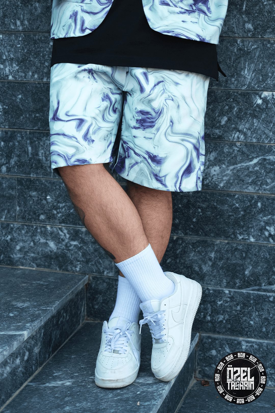 808 Mavi Ametist Desen Oversize Şort