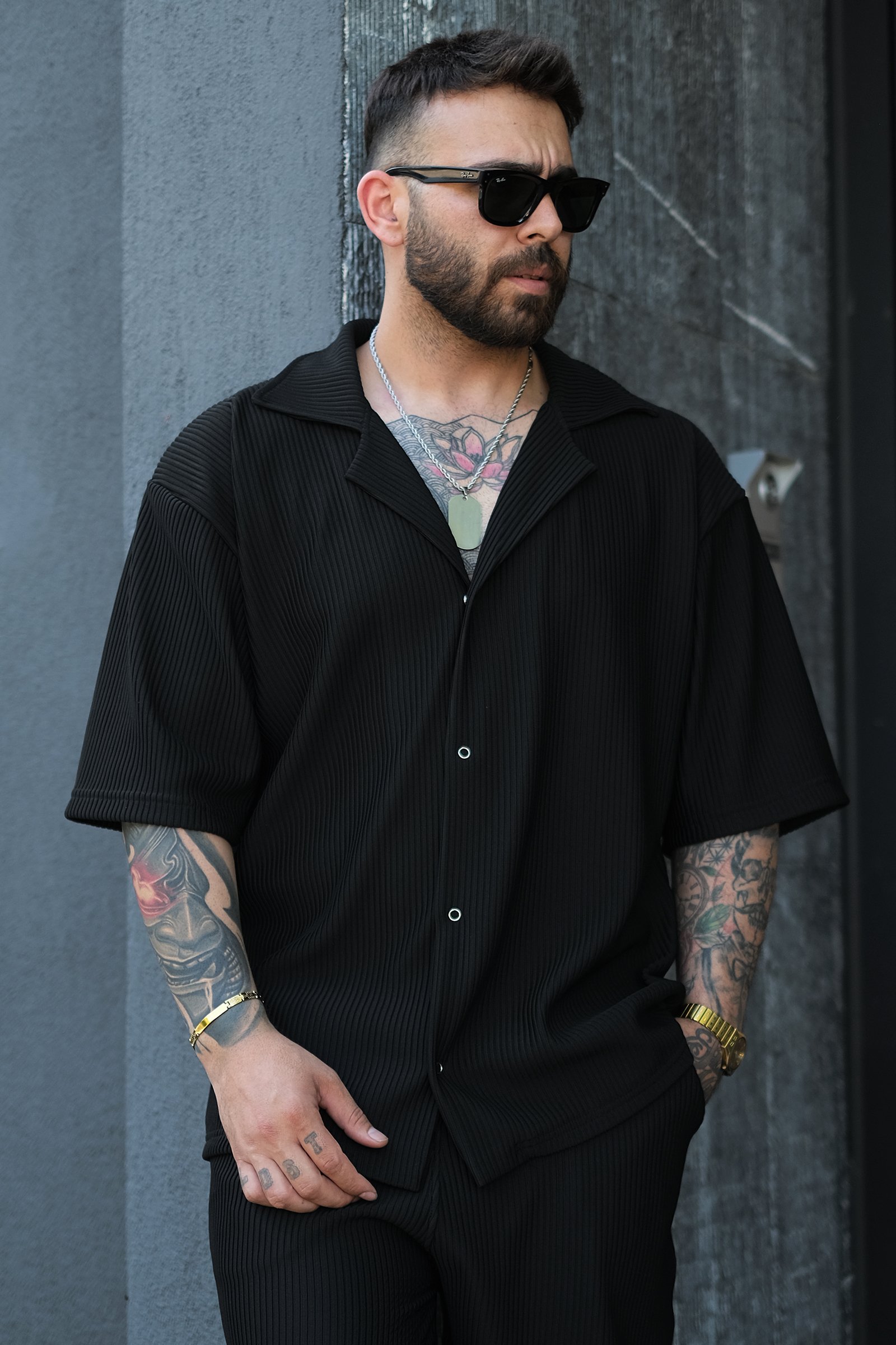 808 Fitil Dokulu Oversize V Yaka Gömlek - Siyah