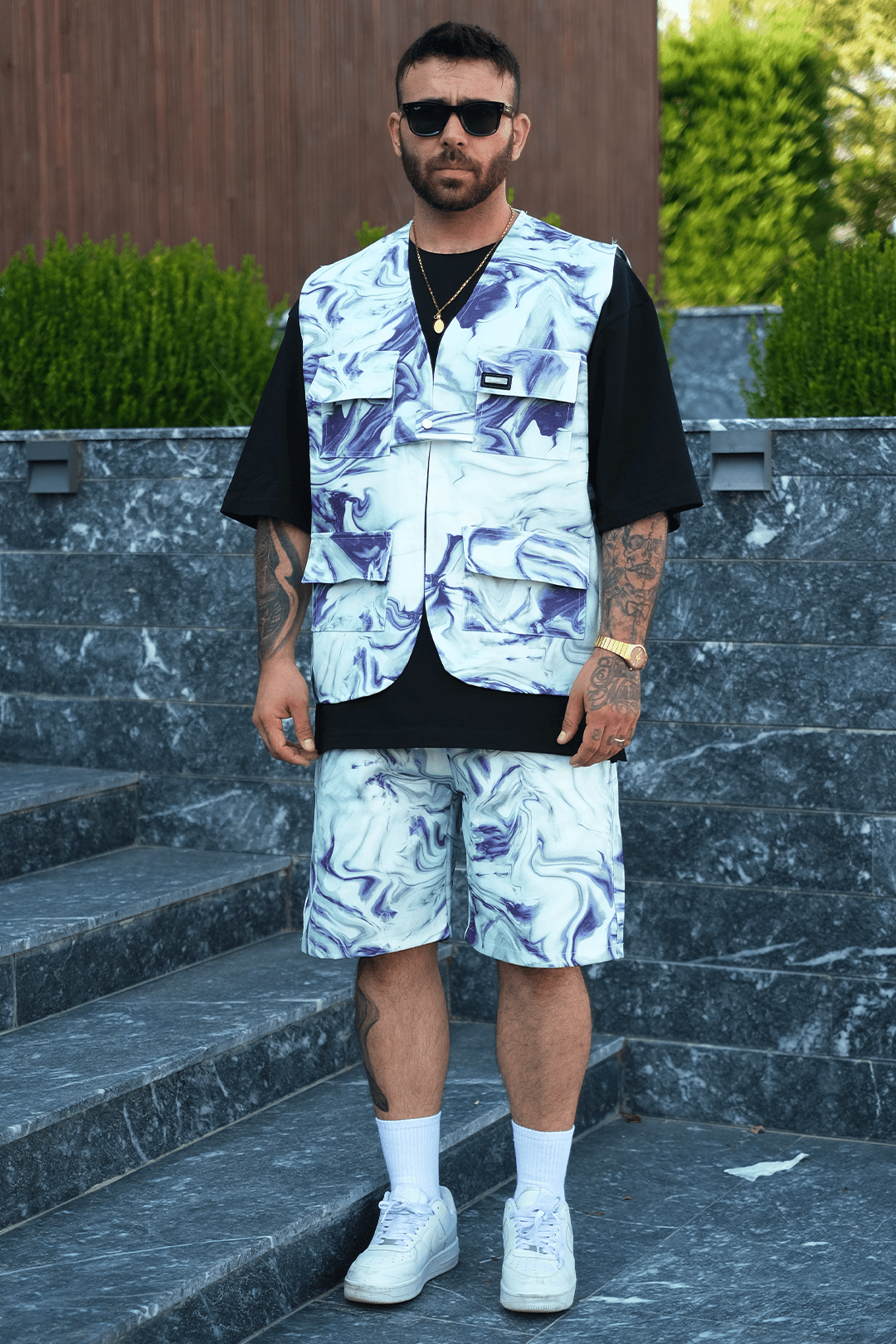 808 Mavi Ametist Desen Oversize Takım ( Yelek + Şort )