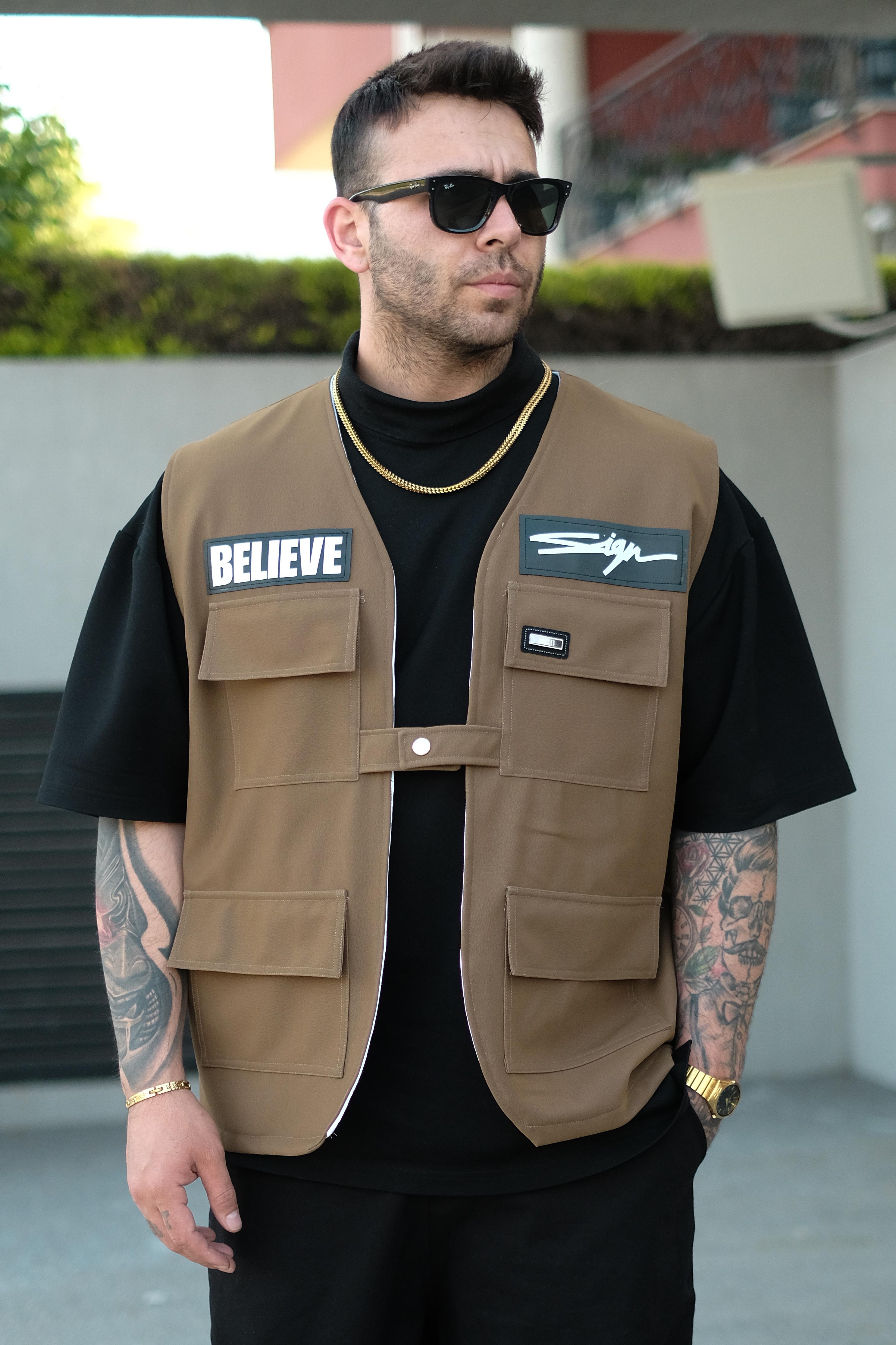 808 Oversize Tek Düğme ''Believe Yelek - Taba