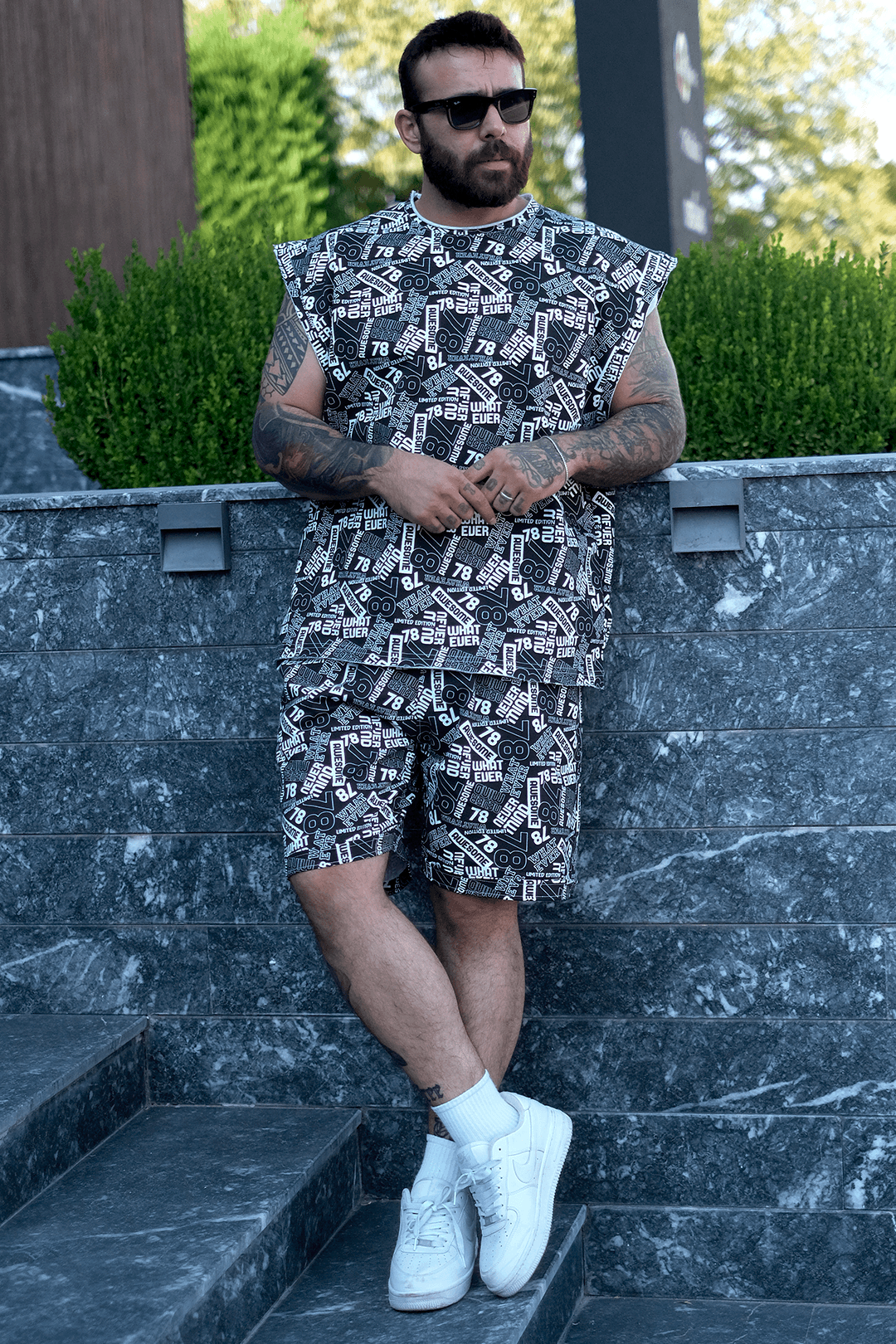 808 78 Desen Tok Oversize Takım ( Kolsuz Tişört+ Şort )