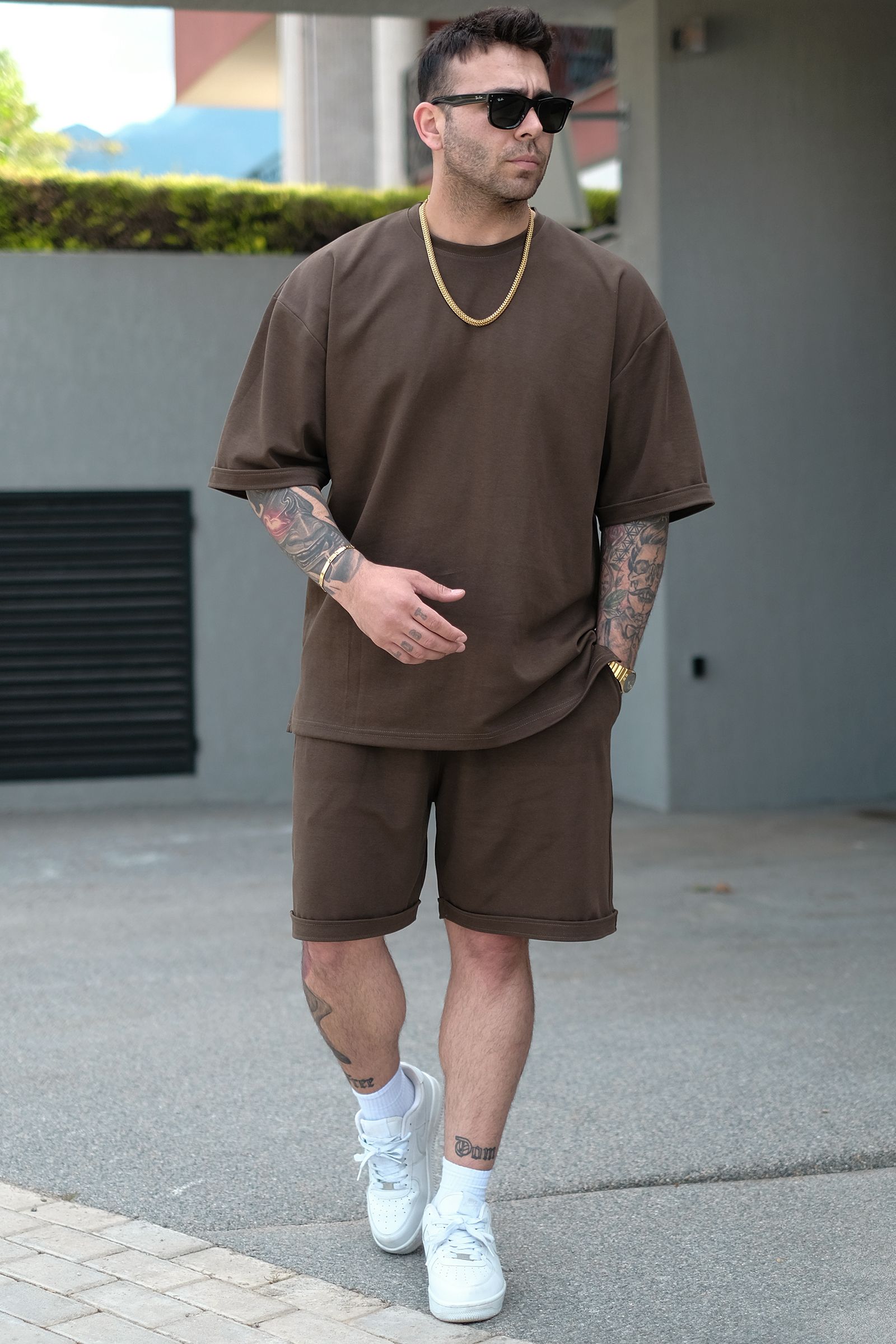808 Basic Oversize Tok Tişört - Kahverengi