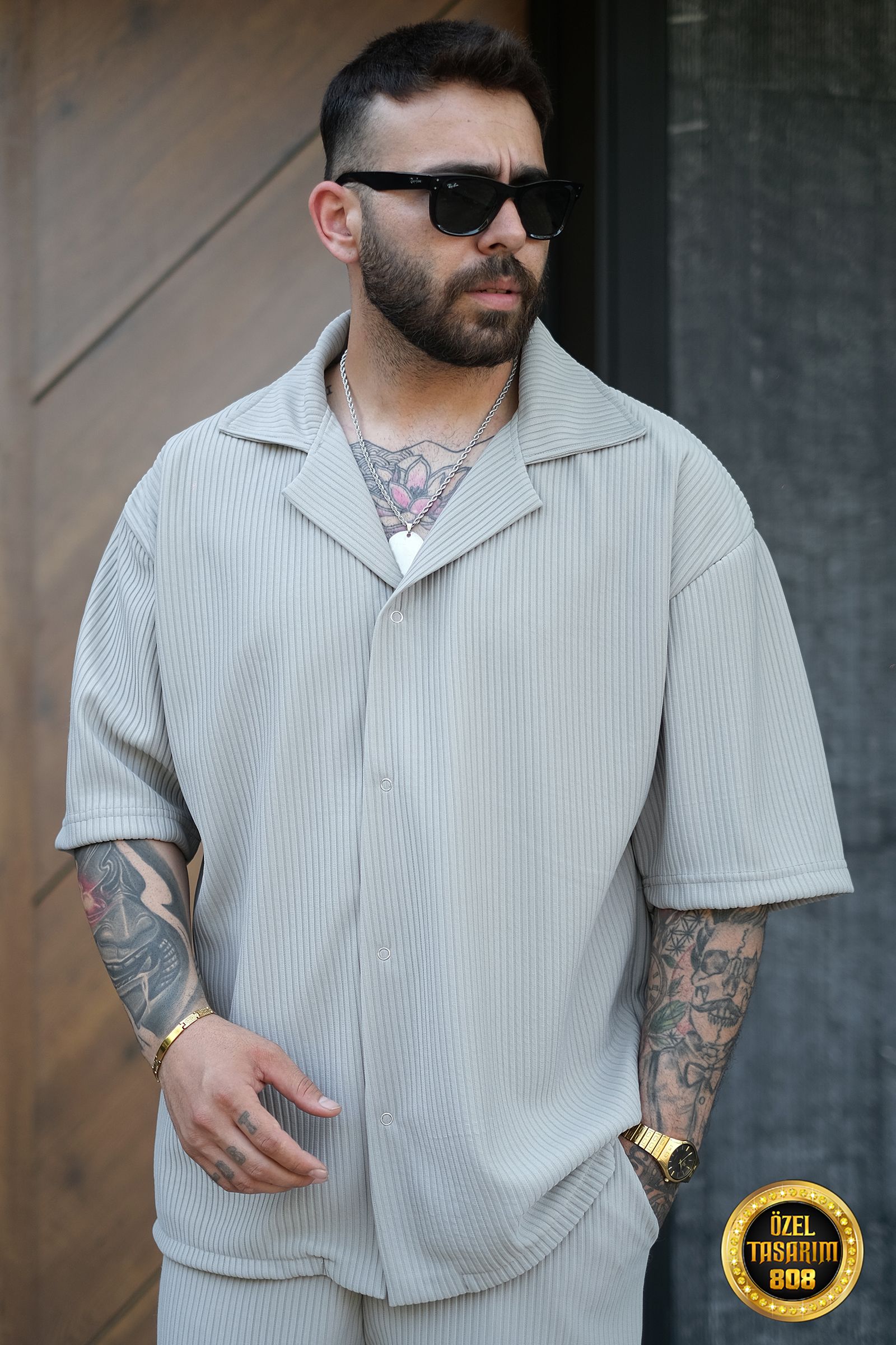 808 Fitil Dokulu Oversize V Yaka Gömlek - Gri