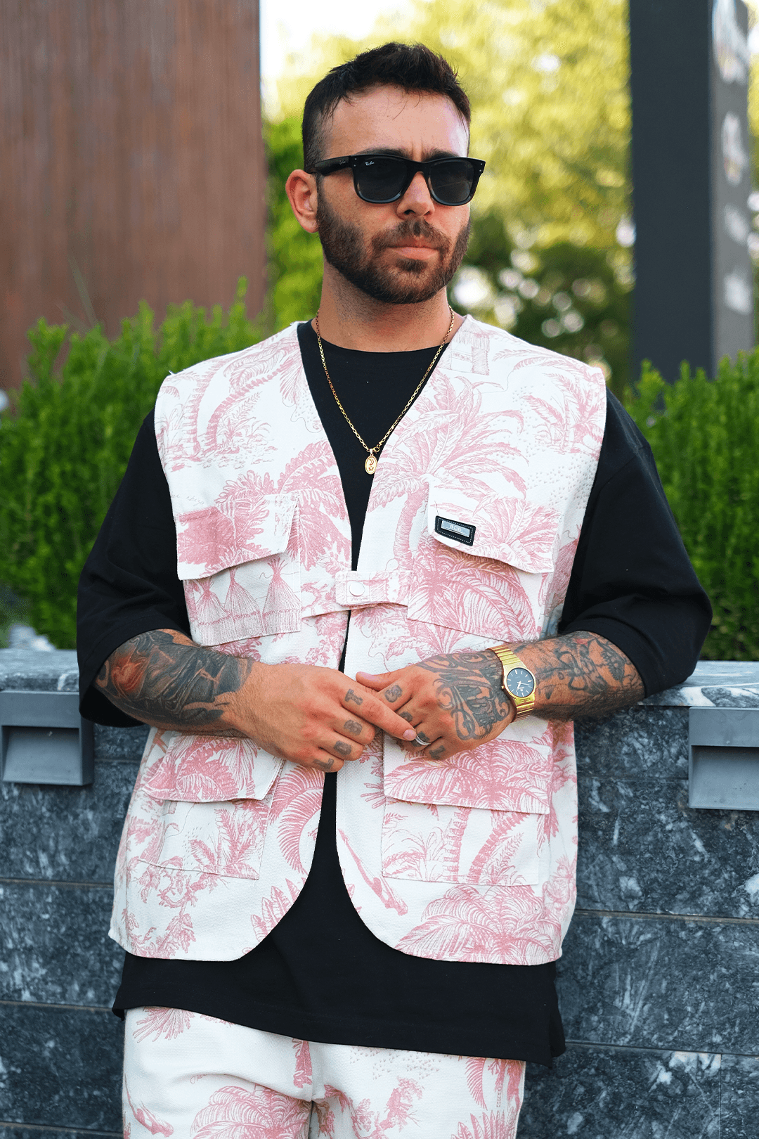 808 Palmiye Desen Tek Düğme Oversize Yelek