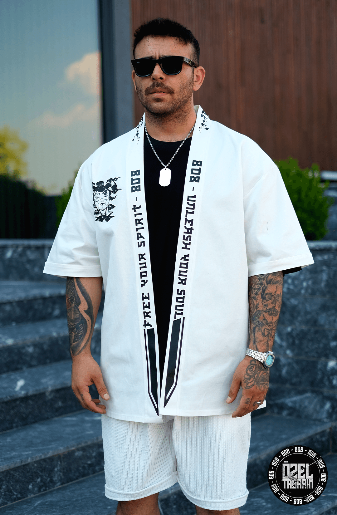 808 Orochi Baskı Detay Oversize Kimono - Ekru