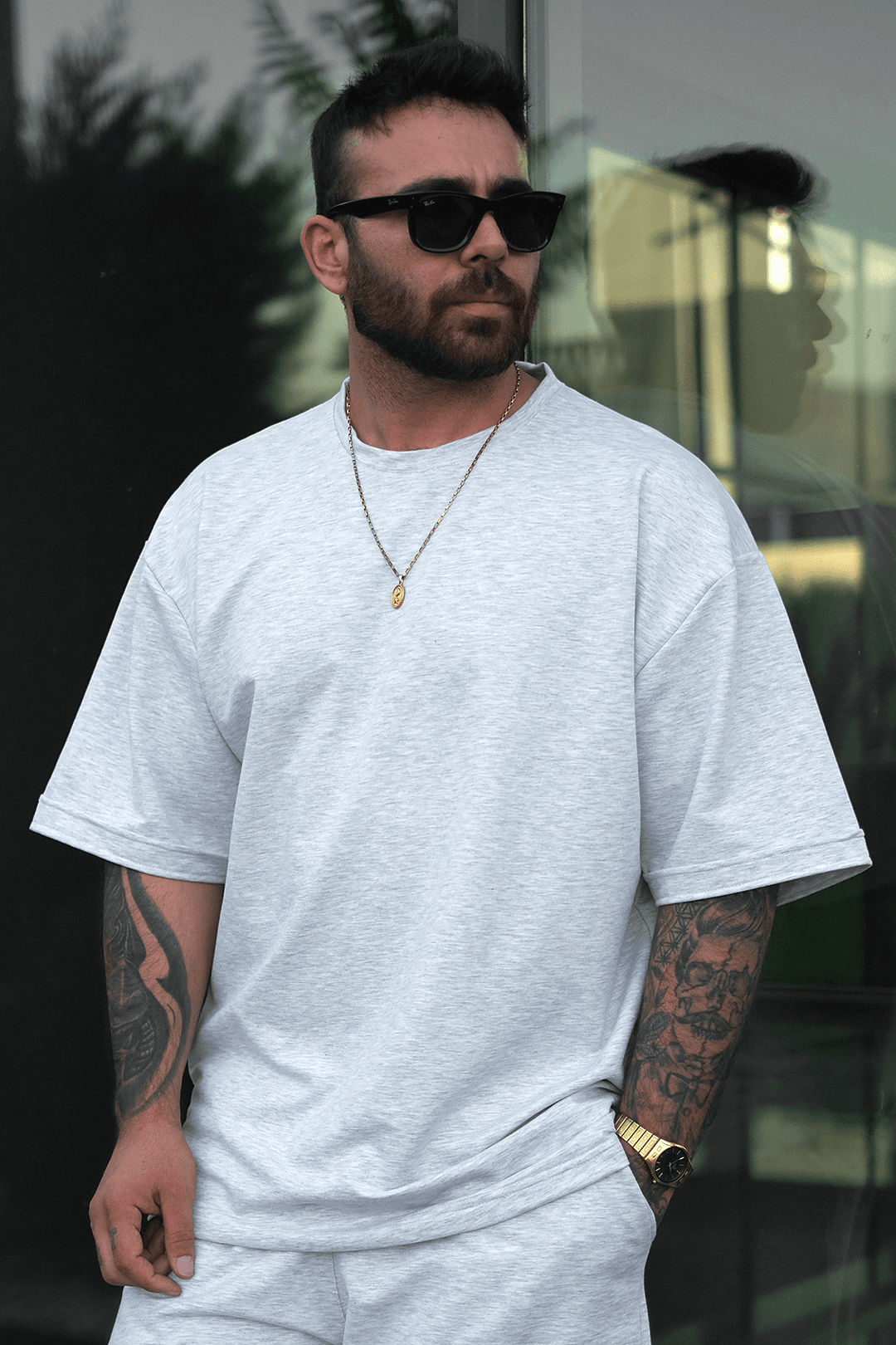 808 Basic Oversize Tok tişört - Açık Gri Melanj