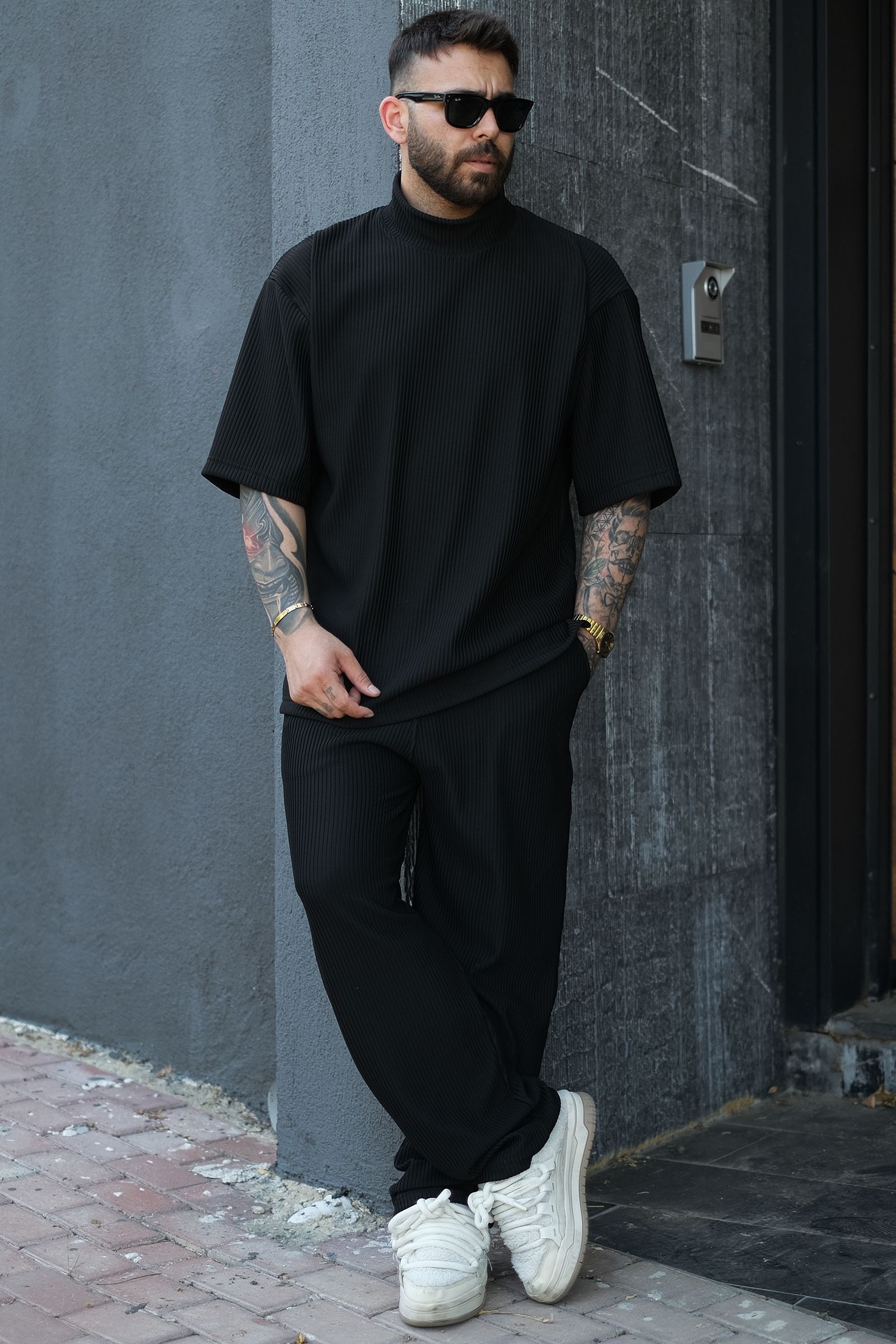 808 Fitil Dokulu Oversize Balıkçı Yaka Tişört - Siyah