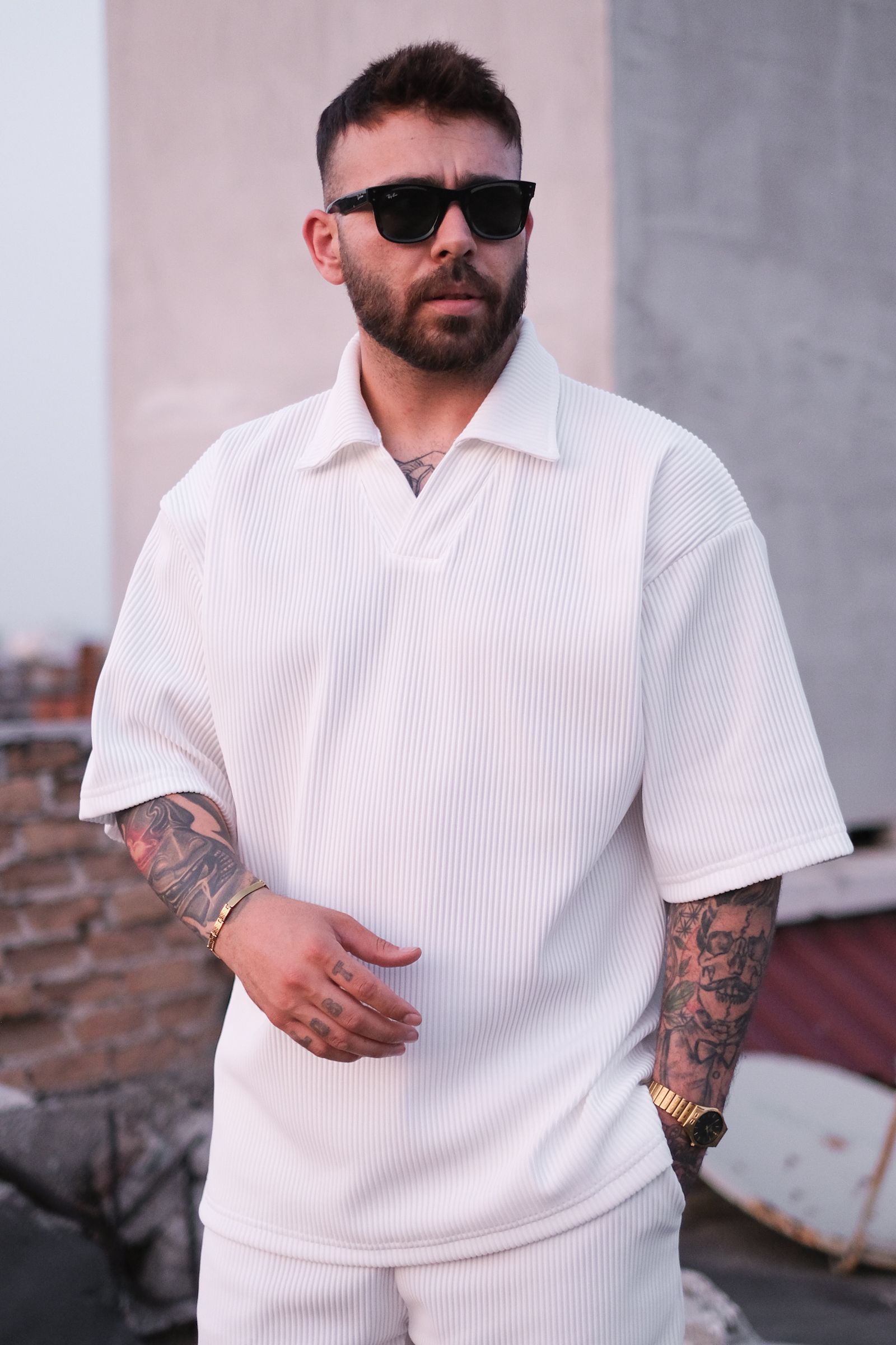 808 Fitil Dokulu Oversize Yakalı Tok Tişört
