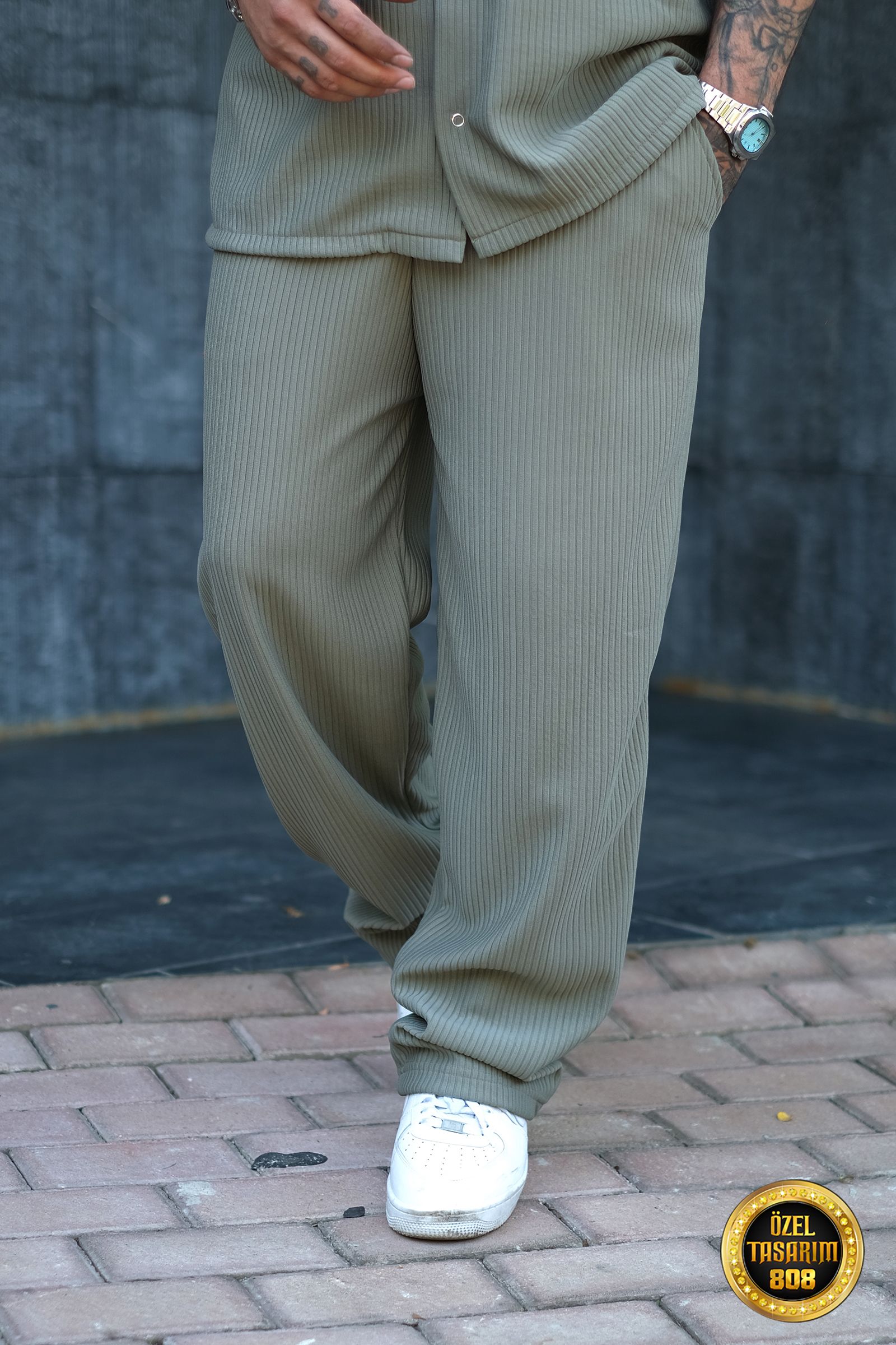 808 Fitil Dokulu Baggy Tok Jogger - Açık Haki