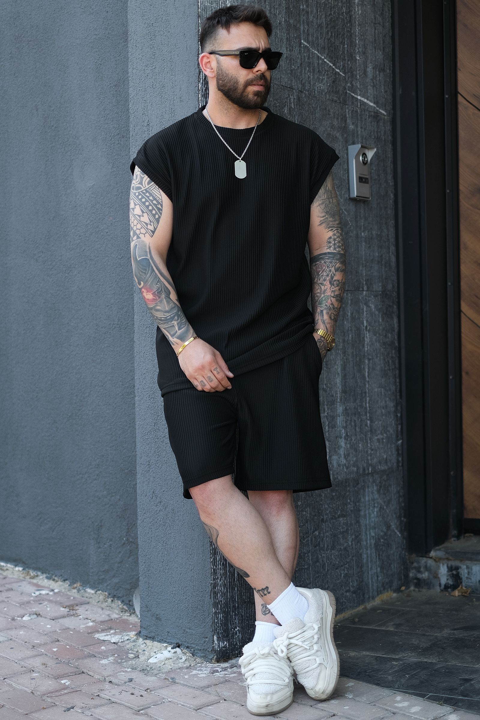 808 Fitil Dokulu Oversize Kolsuz Tişört - Siyah
