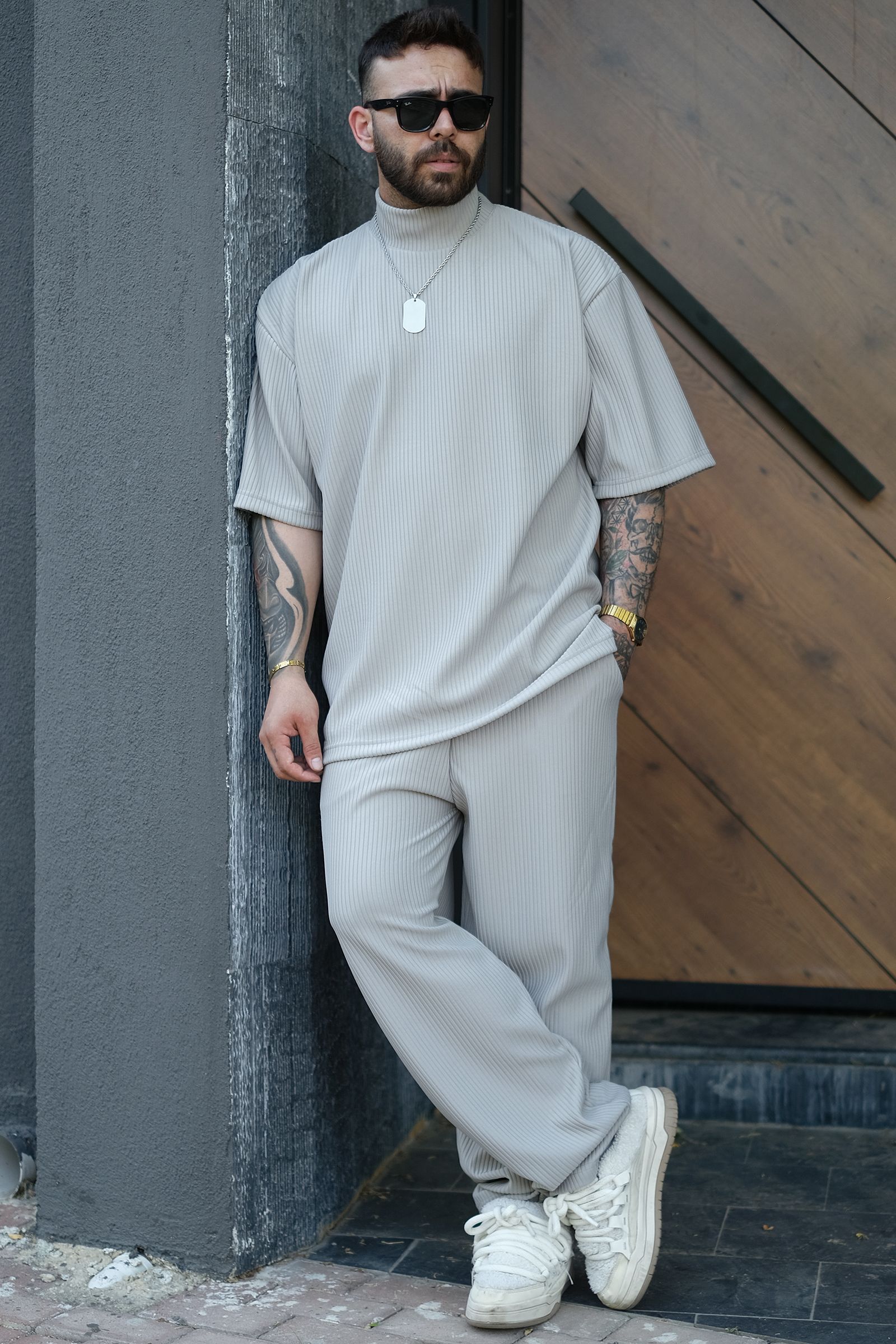 808 Fitil Dokulu Oversize Balıkçı Yaka Tişört - Gri