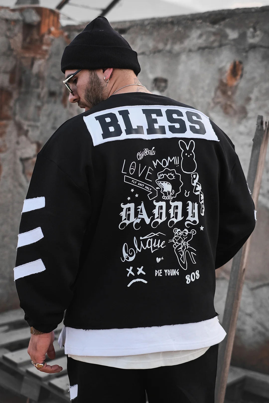 808 "Bless" Sırt Baskılı Oversize Sweatshirt - Siyah