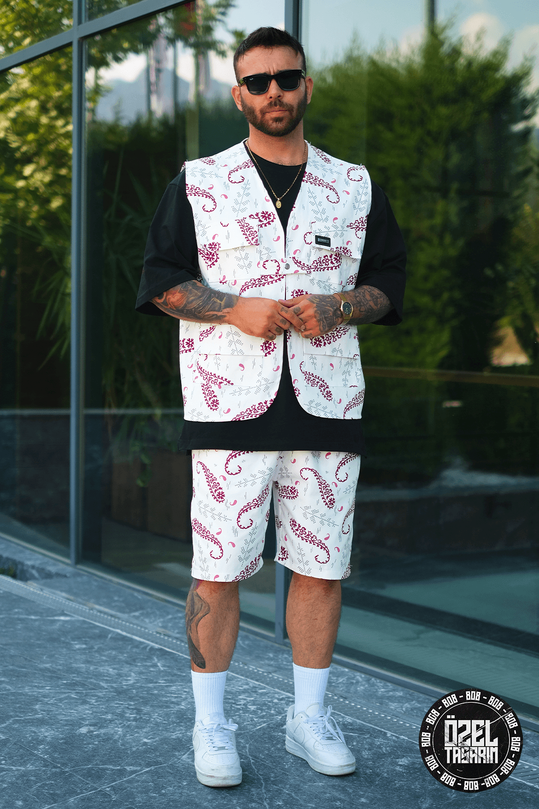 808 Kızıl Paisleyı Desen Oversize Takım ( Yelek + Şort )
