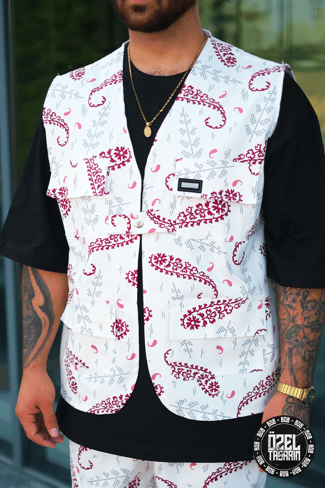 808 Kızıl Paisley Desen Tek Düğme Oversize Yelek