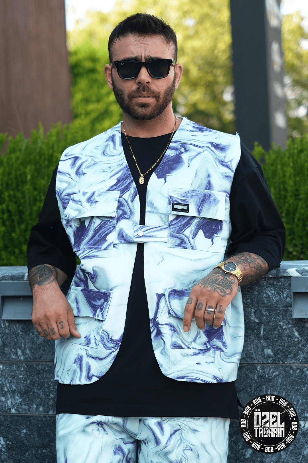 808 Mavi Ametist Desen Tek Düğme Oversize Yelek
