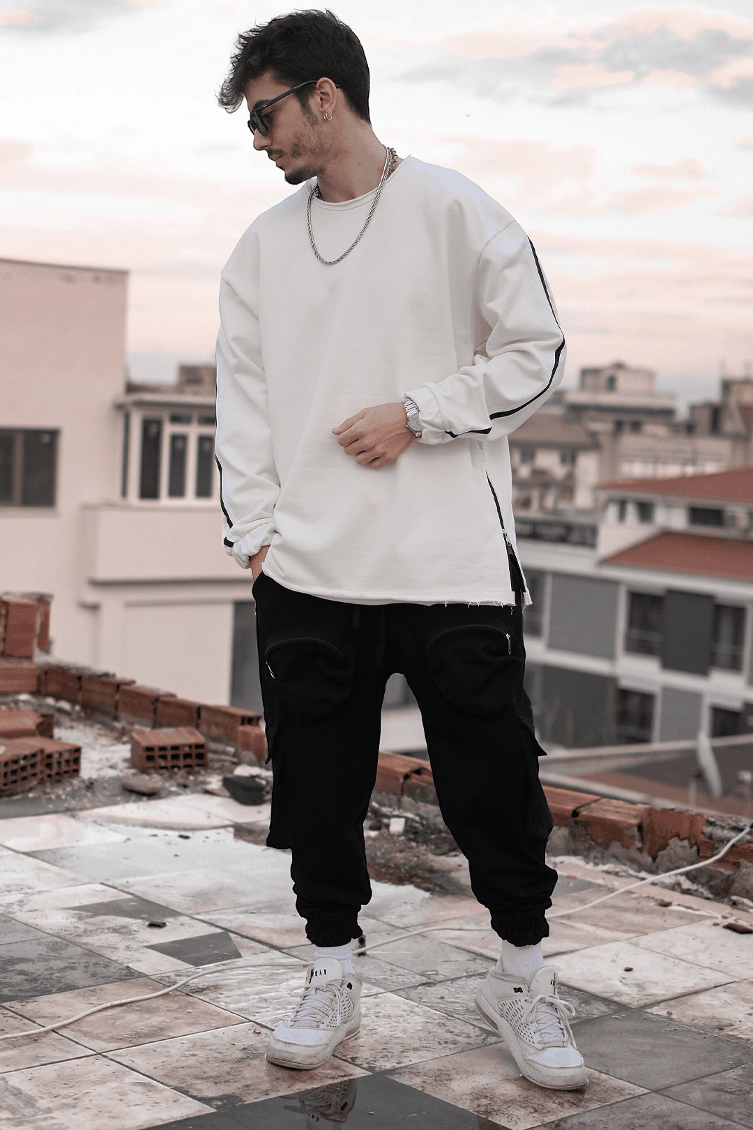 808 Kol Şeritli Pis Yaka Oversize Sweatshirt - Ekru