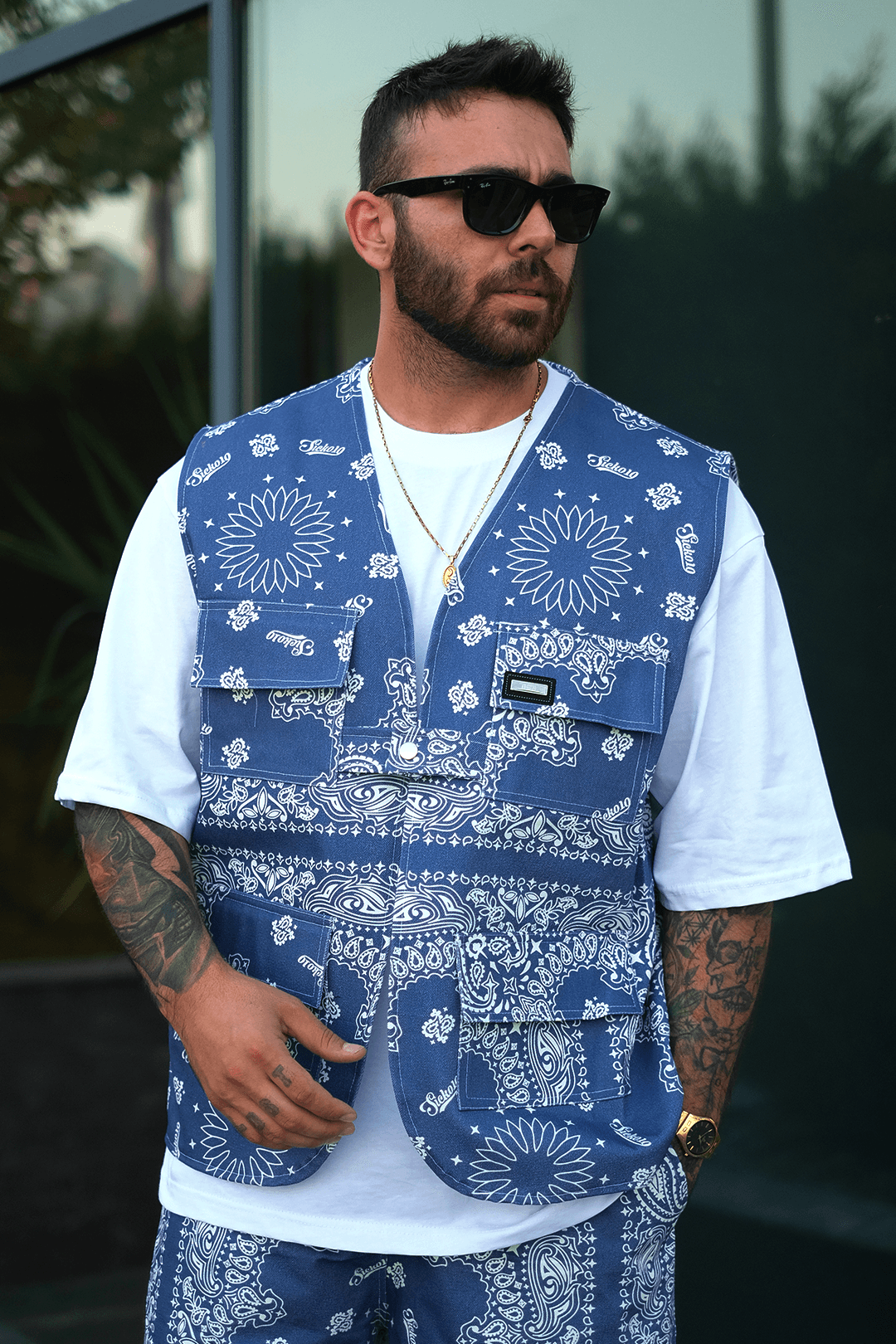 808 Navy Bandana Desen Tek Düğme Oversize Yelek
