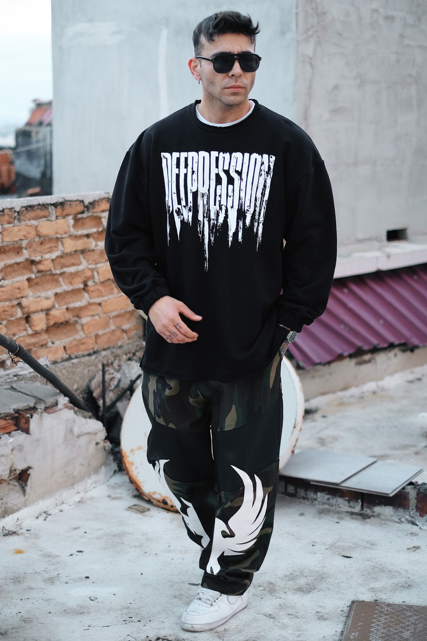 808 ''Depreession'' Göğüs Baskılı Oversize Sweatshirt