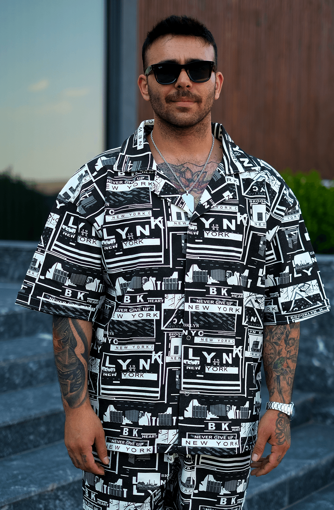 808 NYC Desen Tok V Yaka Oversize  Gömlek