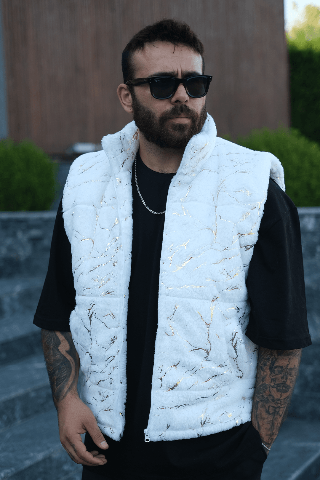 808 Golden Varak Desen Dolgulu Dik Yaka Yelek