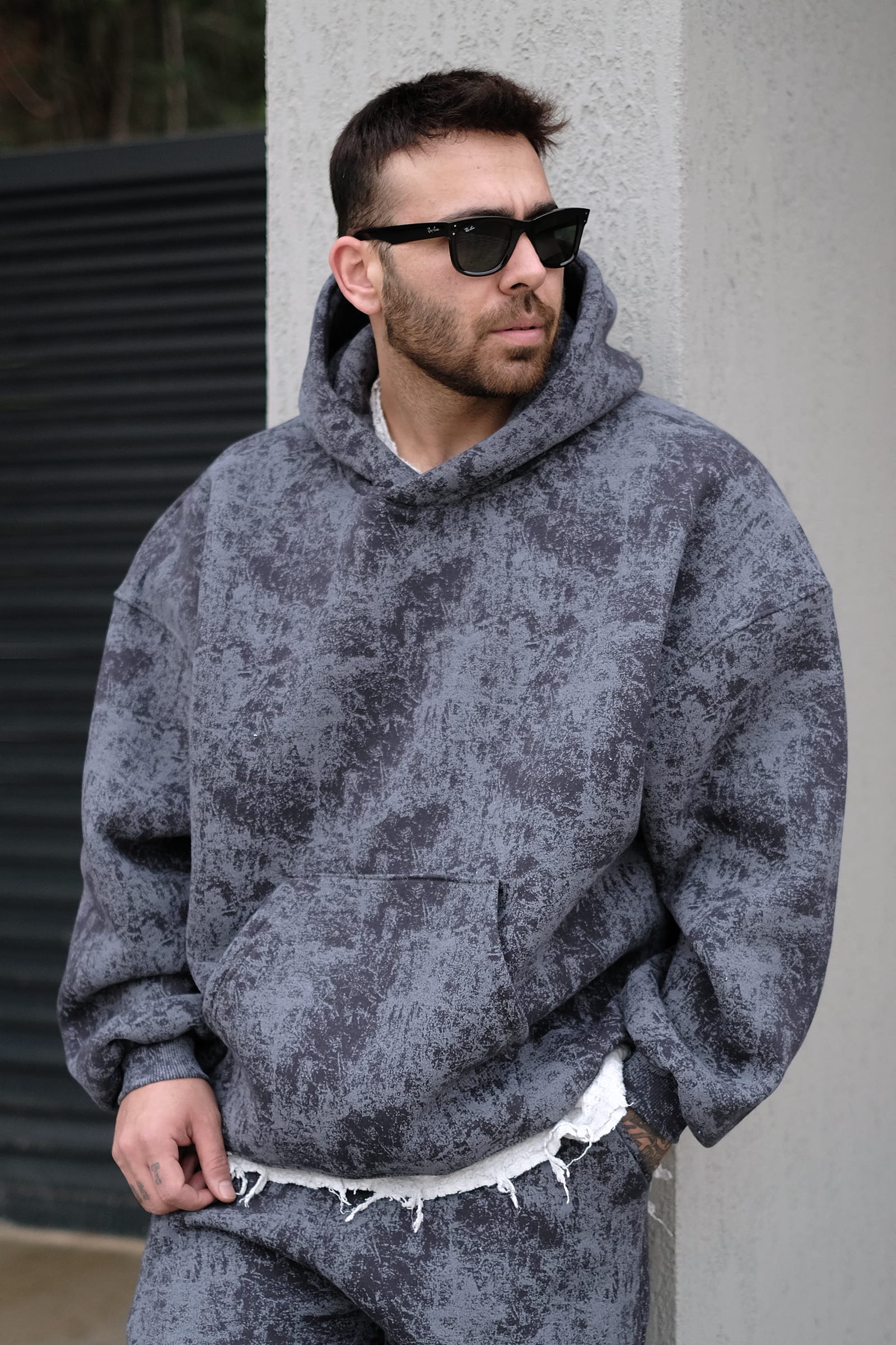 808 Eskitme Efekt Extra Oversize Puff Hoodie - Antrasit