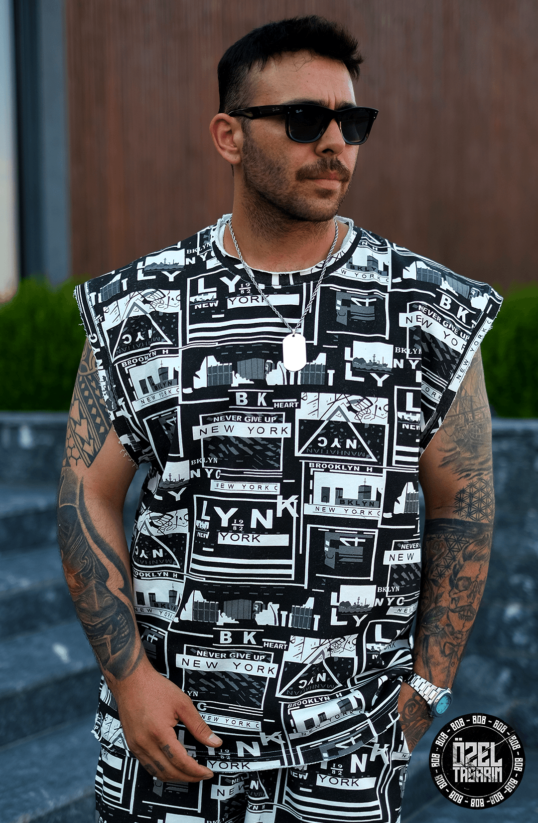 808 NYC Desen Tok Oversize Kolsuz Tişört